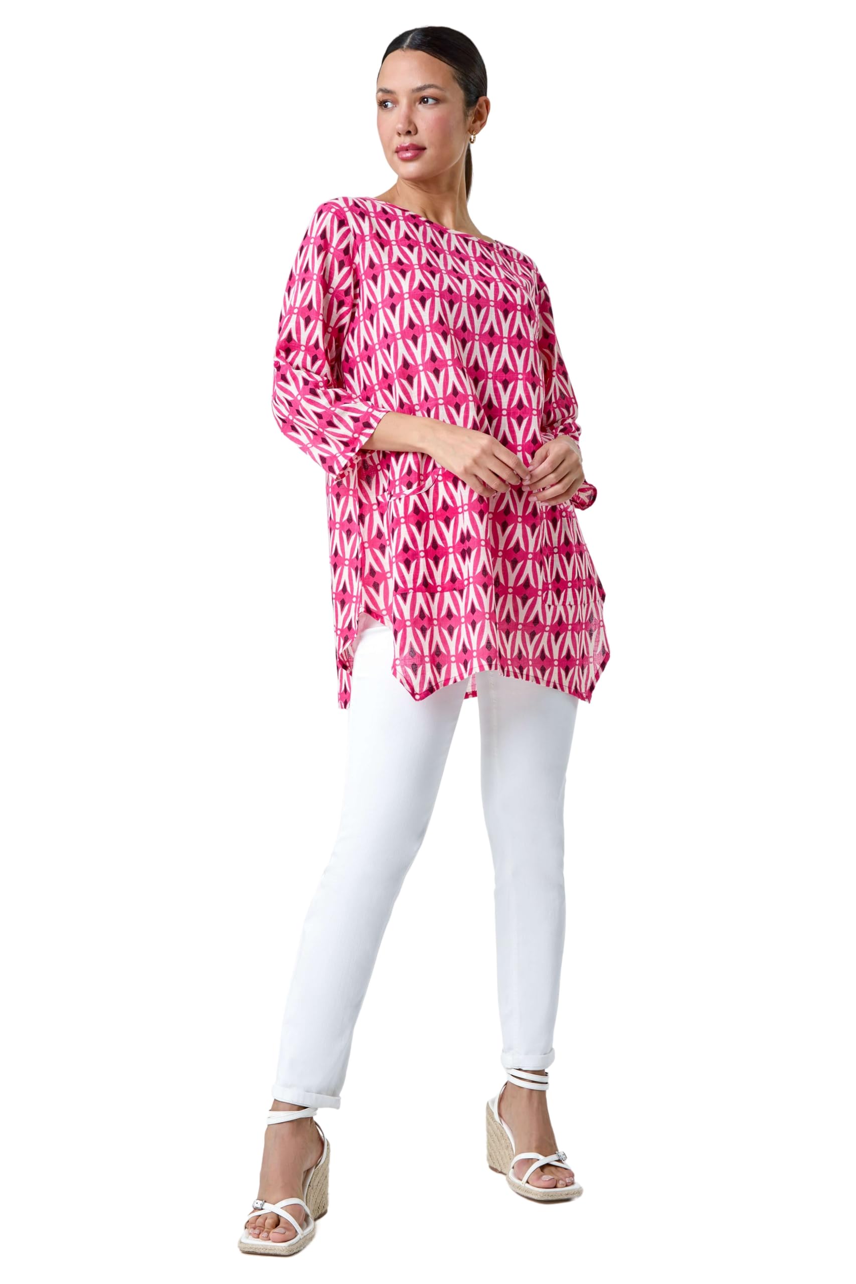 Roman Originals Women's Pink Geometric Pocket Detail Longline Cotton Top For Uk - Everyday Holiday Spring Summer Round Neckline Comfy Soft Evening Vacation Work Party - Size 20