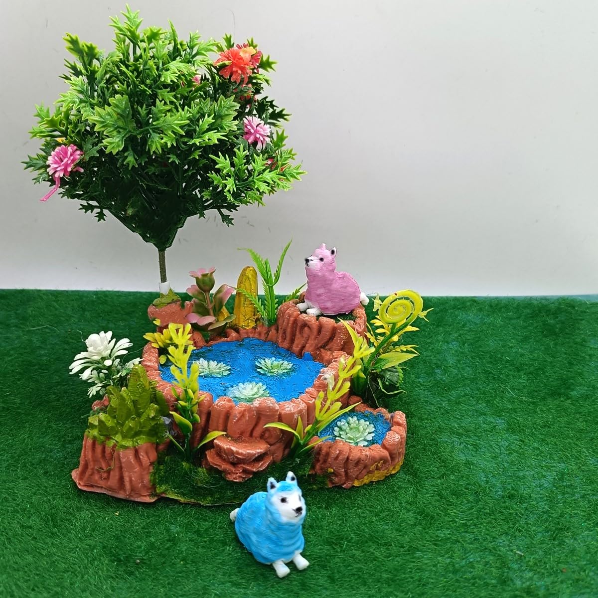 RAKAKART Miniature Pond with Tiny Sheep Decorative Showpiece, Green, Resin, Farmhouse Style, Outdoor Use-image-6