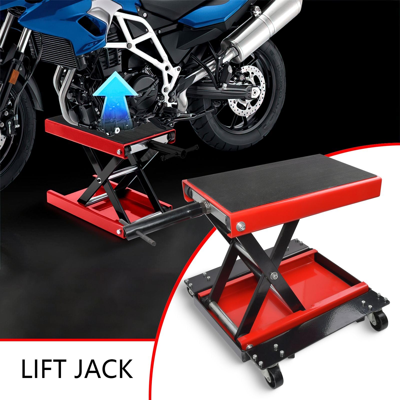 Cric de Moto Levage 500 kg Hauteur 130-407mm Pont élévateur Moto Chariot en Acier Plate-Forme Cric de déplacement Élévatrice Moto Lève Sécurisée Table Réparation Quad ATV Atelier Rouleaux à 360°