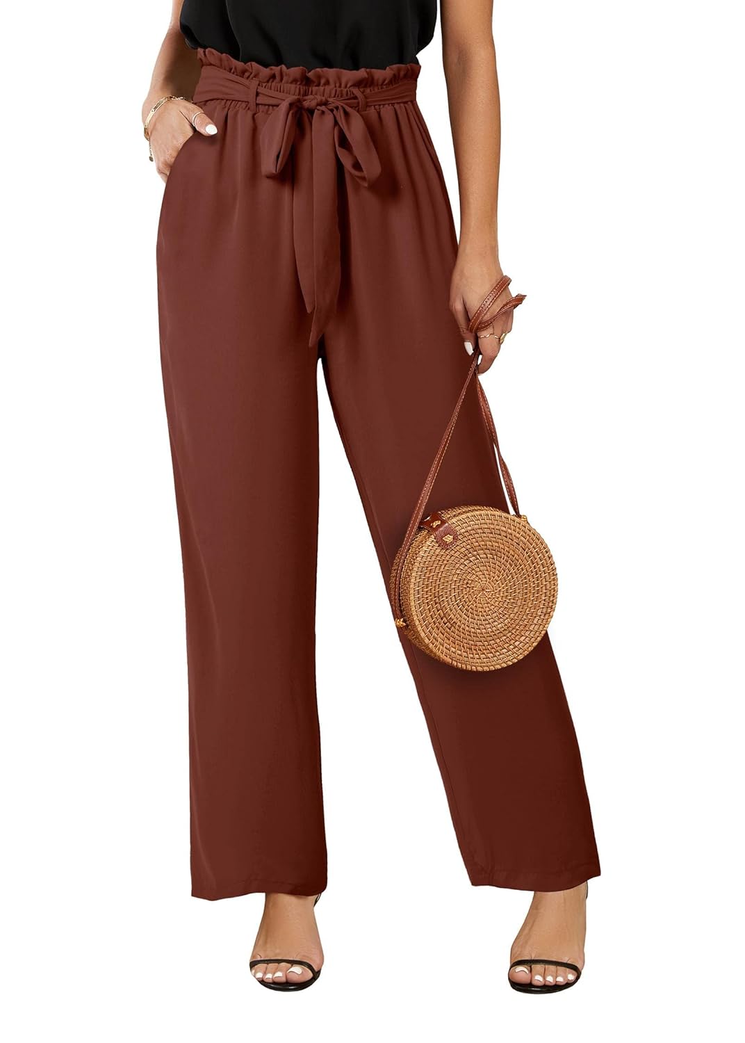 SySea Womens High Waisted Leopard Print Palazzo Pants Belted Wide Leg Long Trousers with Pockets