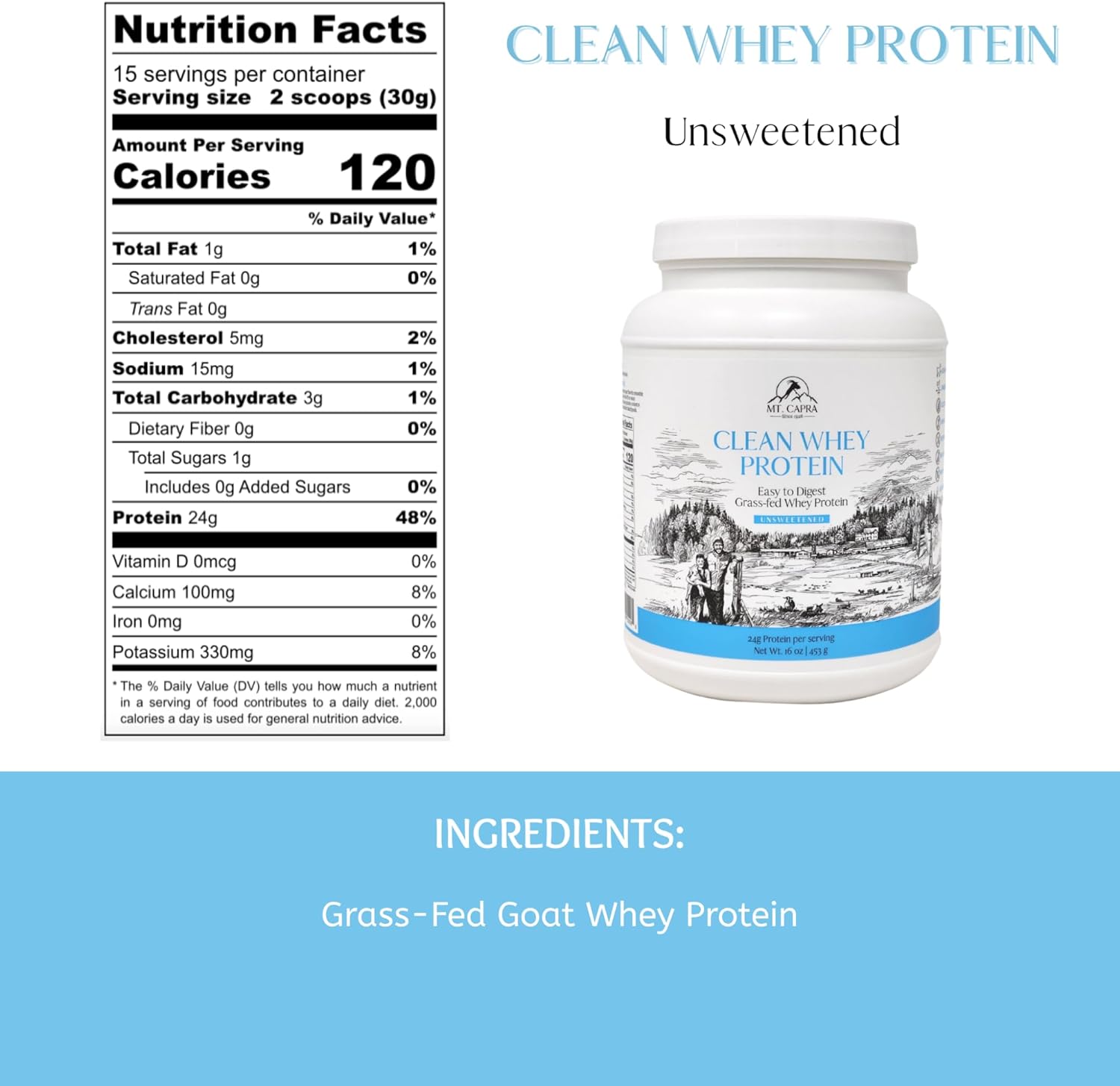 Mt. Capra Clean Whey Protein | Grass-Fed Undenatured Goat Whey Protein Powder | 24 g Protein Per Serving, All Natural, Non-GMO, High in Branch Chain Amino Acids | Unsweetened | 15 Servings - 16 oz - Image 2