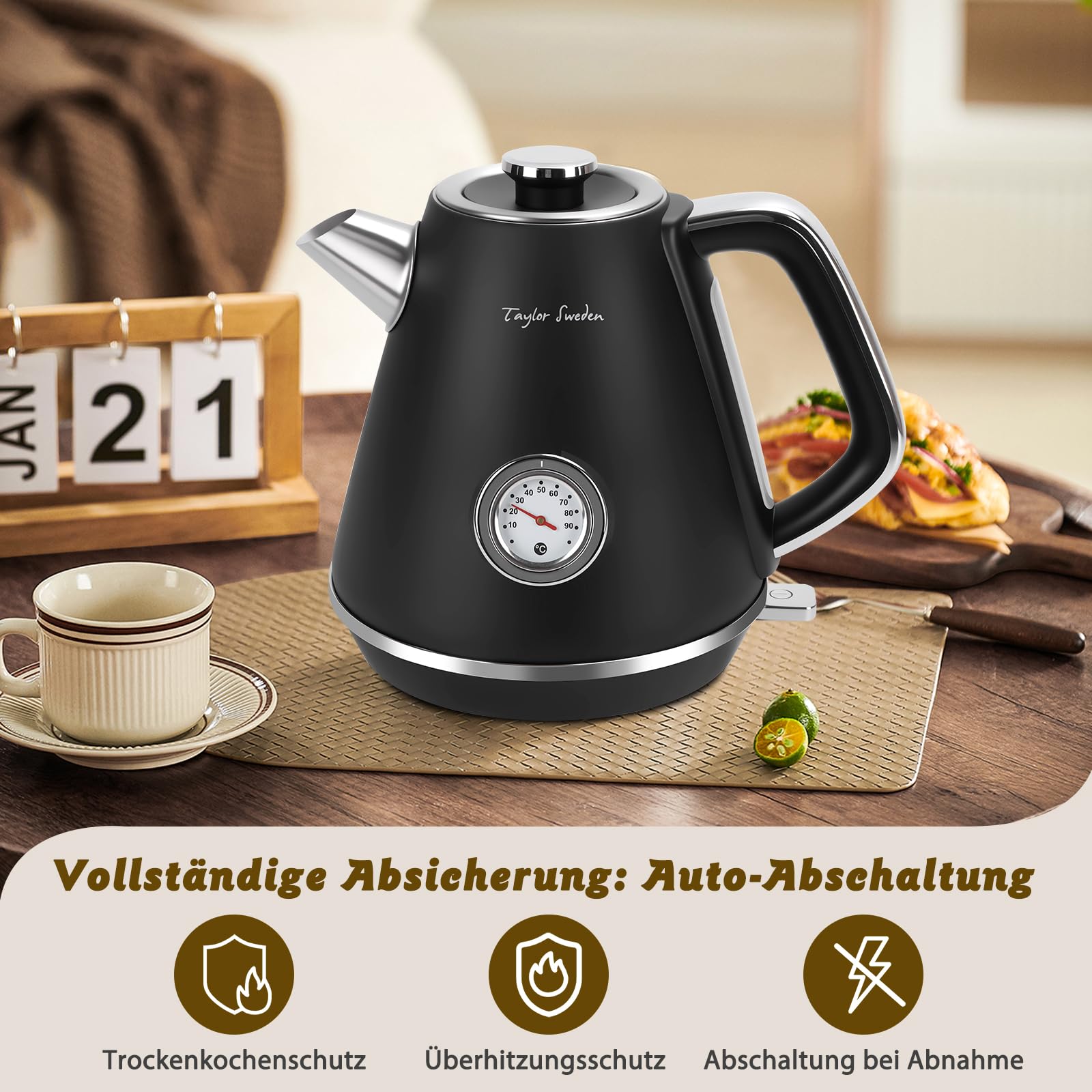 Taylor Swoden Retro Wasserkocher 1,7L Mit Temperaturanzeige Edelstahl 2200W | Mit analoger Temperaturanzeige, beleuchteter Wasserstandsanzeige, Anti-Kalkfilter und Abschaltautomatik