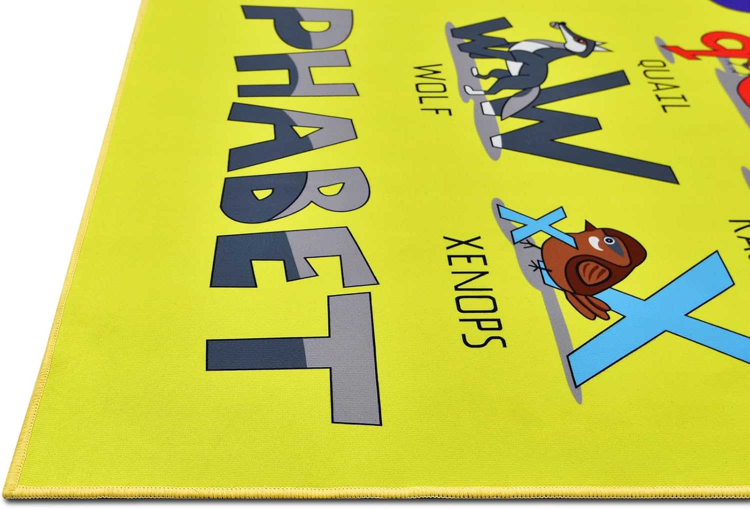 HR Premium Non-Slip ABC Zoo Yellow and Multi-Colored Area Rug - Educational Animal Design, High-Traction Safety, and Durable Materials