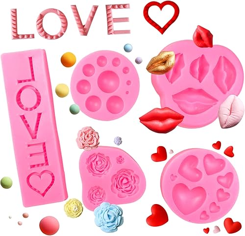 Miniatura 3 de Rainmae 5 moldes de silicona para el día de San Valentín, molde de fondant de flores, letras de amor, rosas, labios, osos, corazones, decoración de