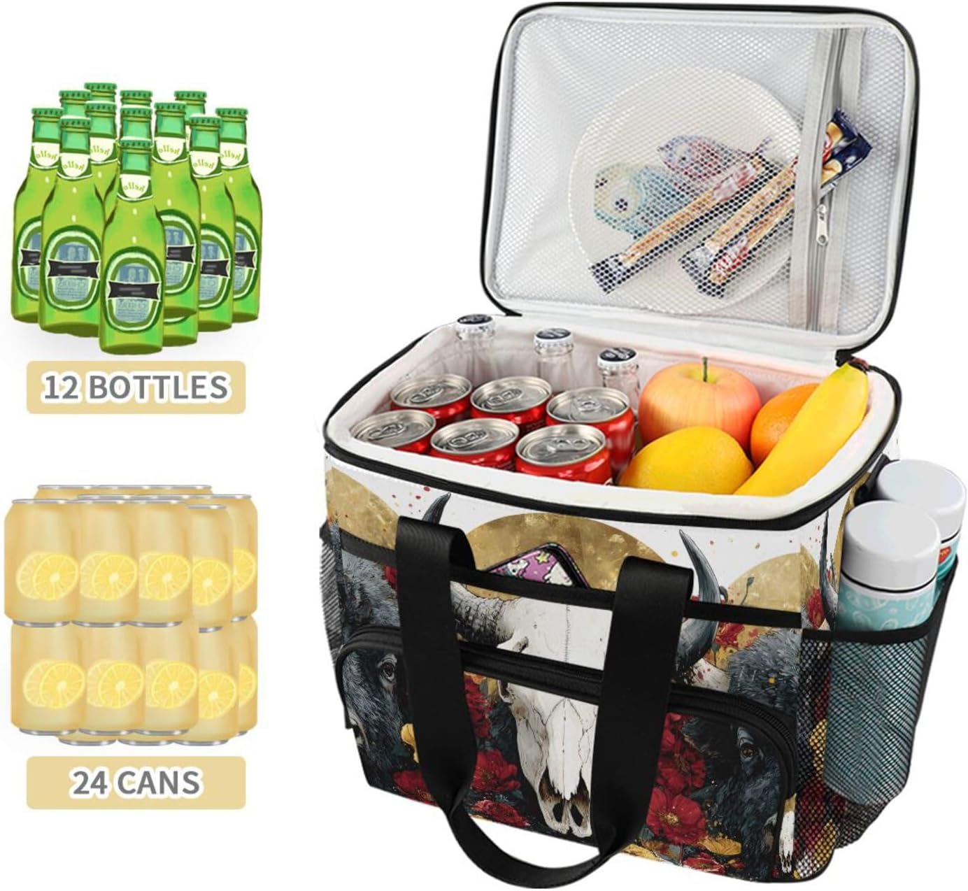 Cooler Bags Insulated Bison and Skull Print, Shoulder Lunch Box 24 Cans Capacity Leakproof with Handle for Picnic Camping