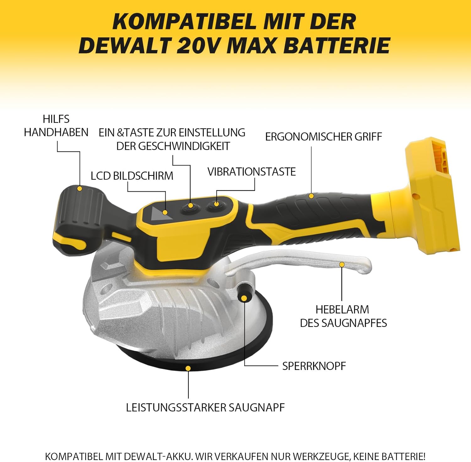 Tile Vibration Leveling Machine, Cordless Tile Vibration Installation Tool Compatible with De-Walt 20V Battery with 8 Speed, Suction Cup, Digital Display for Floor Tile Wall(Tools Only)