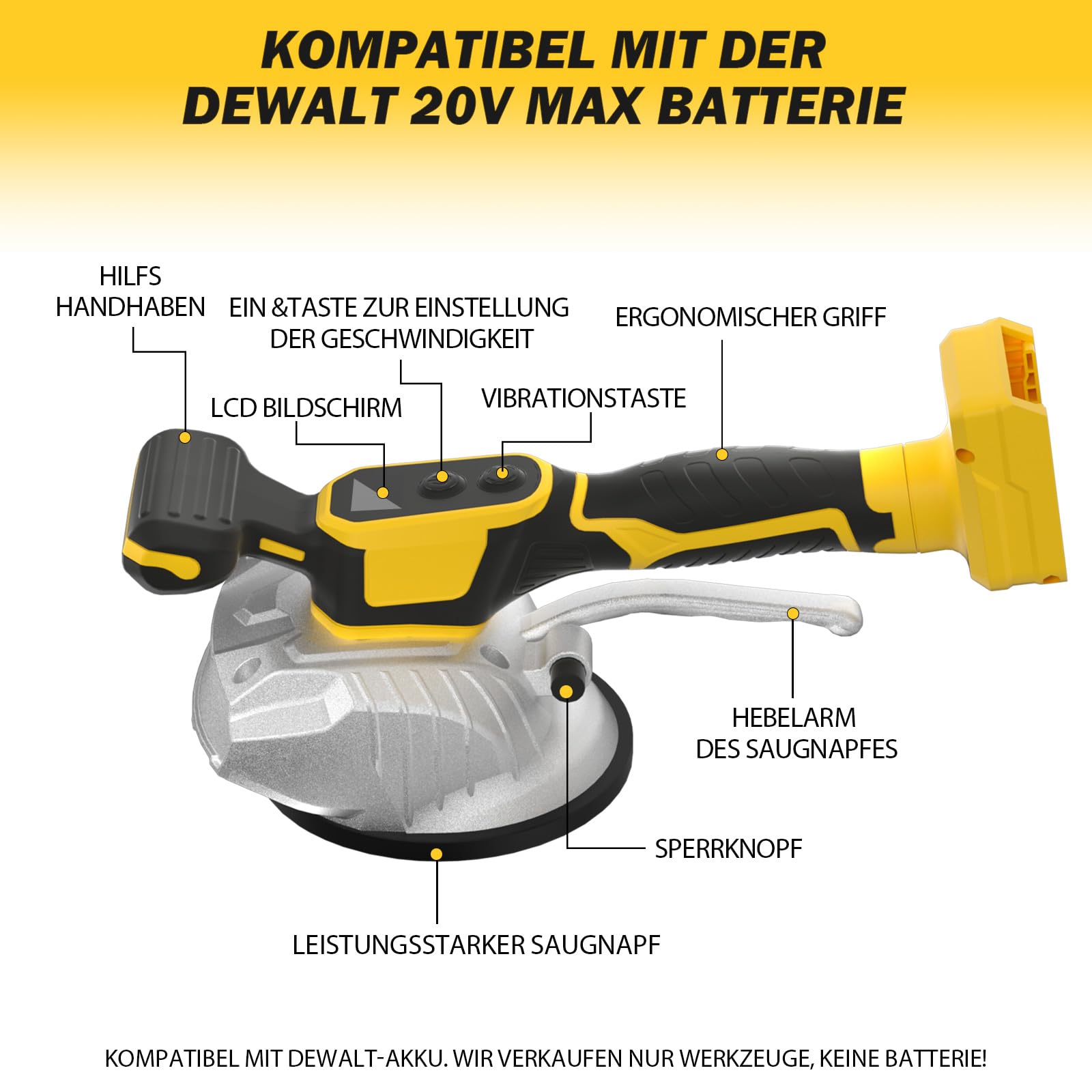 Dewalt Akku Fliesenrüttler 20V, Fliesenvibrator 8 Stufen Geschwindigkeit, 13cm Saugnapf, 50kg Adsorption