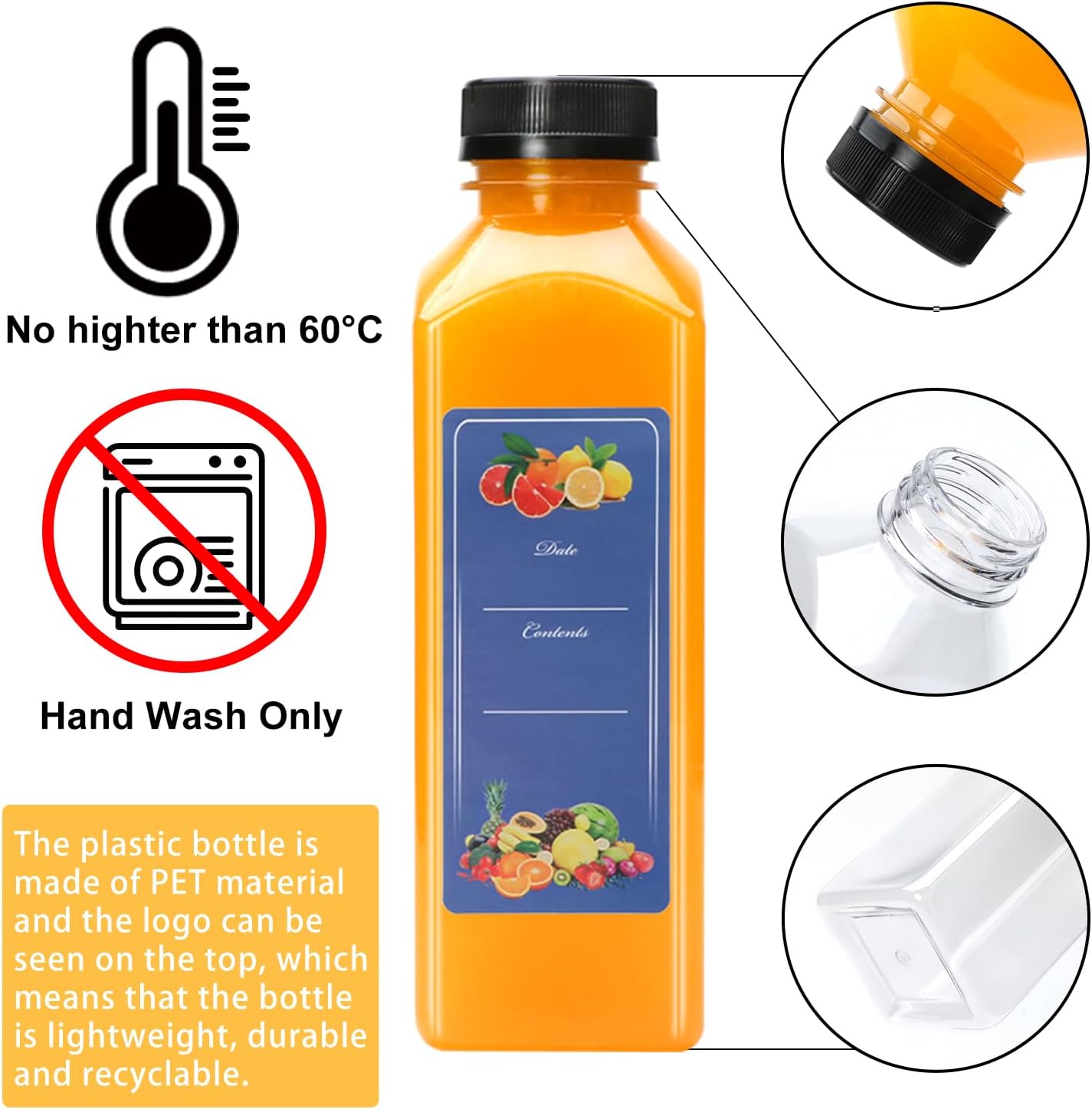 Flrolove 25pcs 16oz Plastic Juice Bottles with Caps, Juicer Bottles, Clear Empty Drink Containers with Lids, Smoothie, Milk and Other Beverages