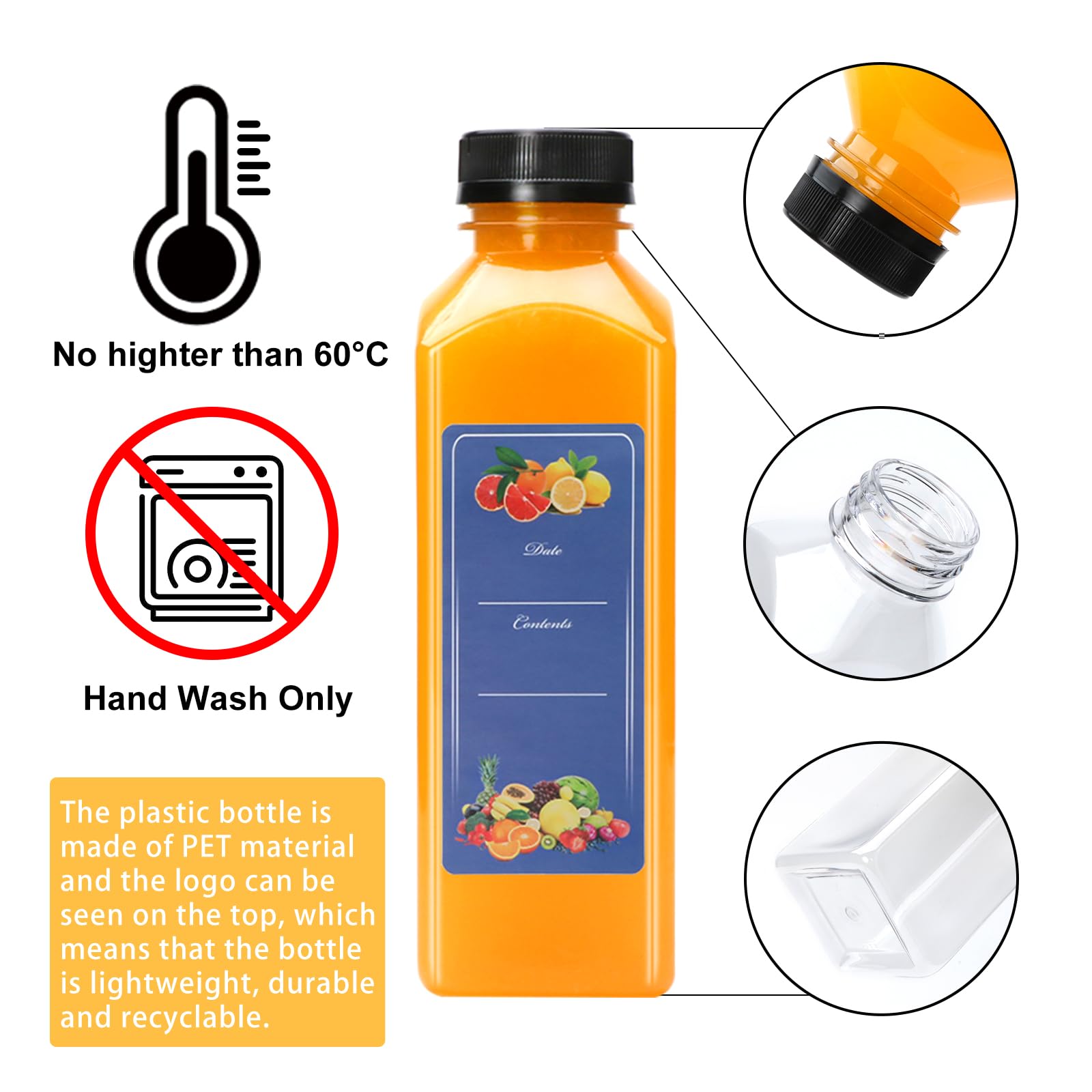 Florlove - 25 botellas de jugo de 16 onzas, botellas de jugo de plástico con tapas, recipientes vacíos transparentes para bebidas con tapas para jugos, batidos, leche y otras bebidas