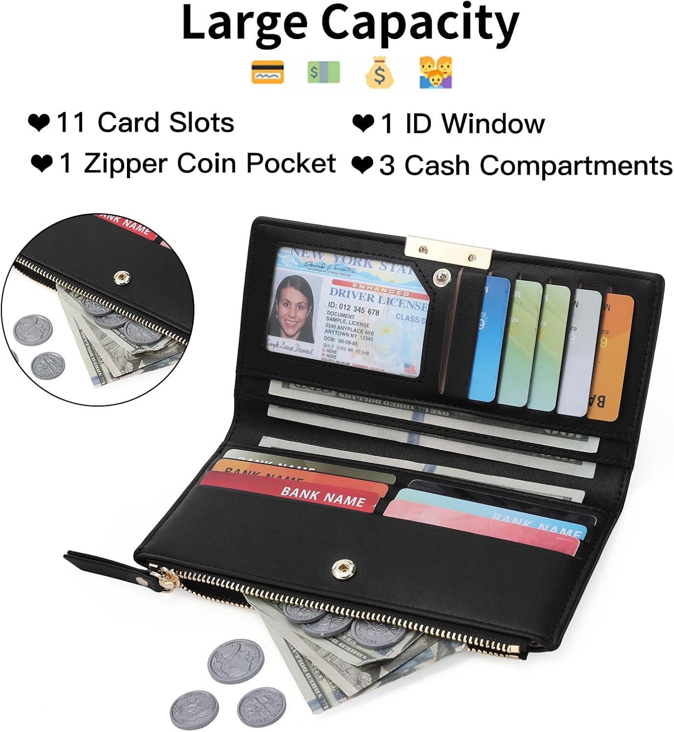 Slim Women Wallet Bifold Ladies Long Purse Travel Credit Card Holder with Coin Zipper Pocket