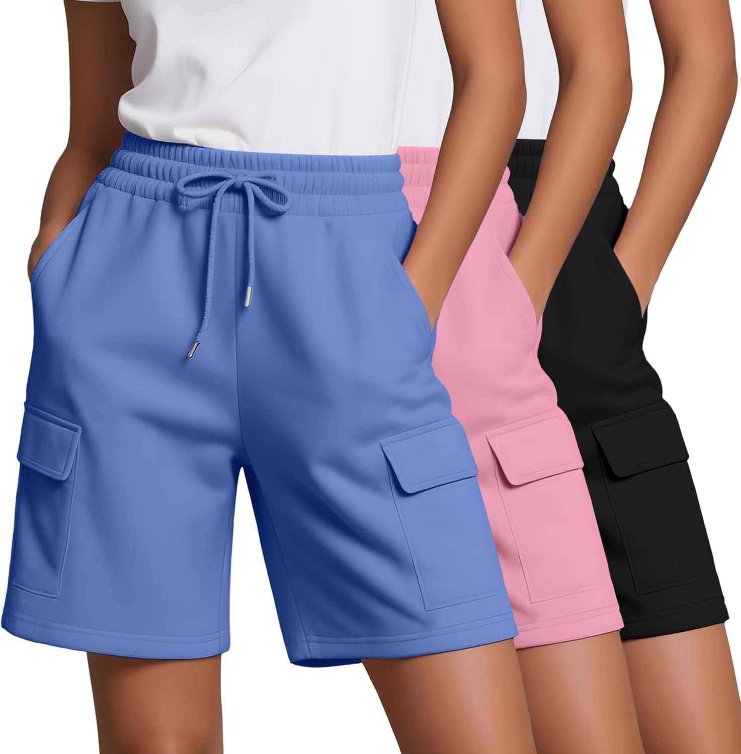 Neer 3 Pack Women's Bermuda Shorts Cargo Elastic Drawstring Knee Length Shorts Casual Loose Yoga SweatShorts with 4 Pockets