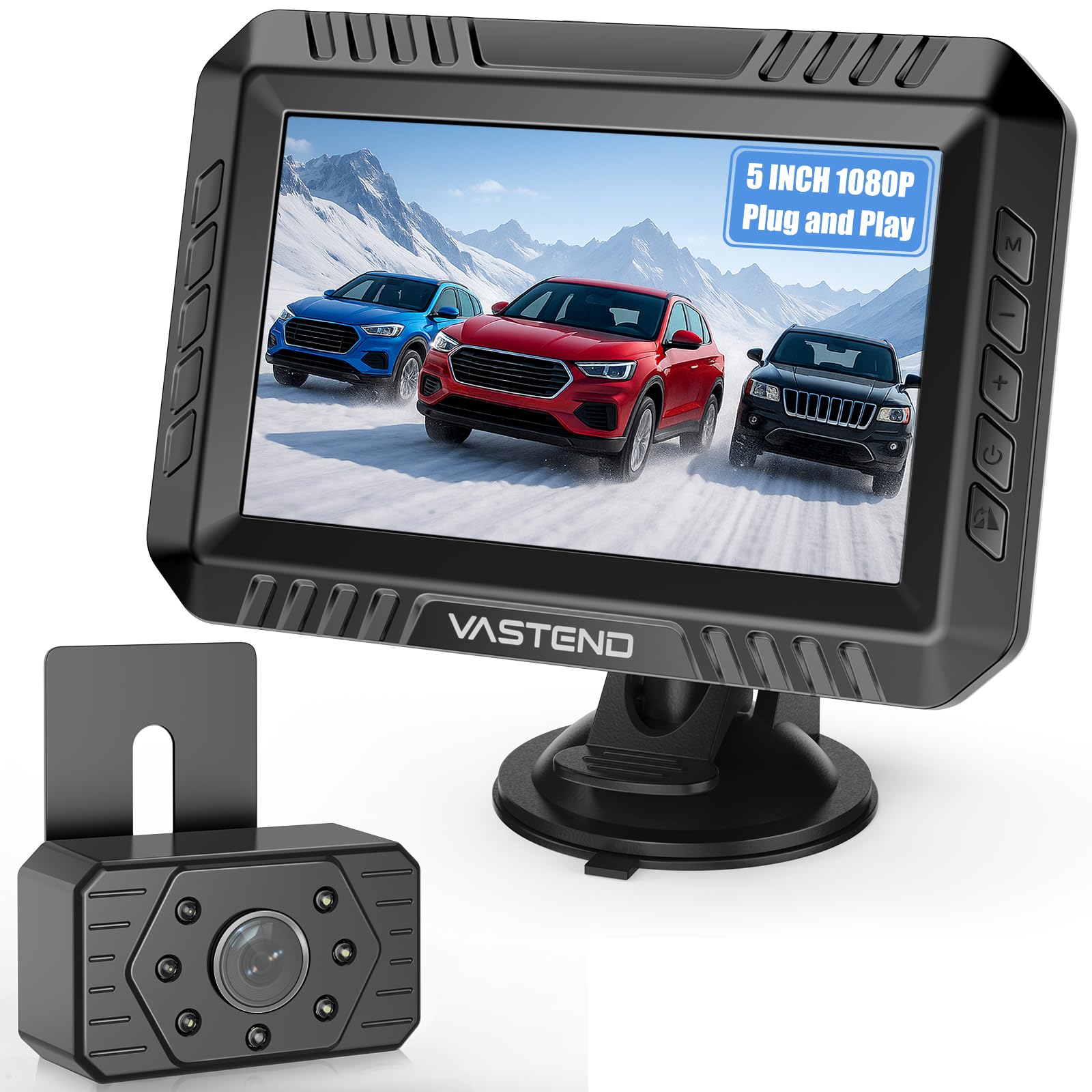 Cámara Marcha Atrás Inalámbrica 5 Pulgadas, Sistema Aparcamiento Digital 200M 1080P con Monitor, Visión Nocturna Infrarroja, IP67 Impermeable, 12V-36V para Camiones Furgonetas Caravanas(VE-5A)