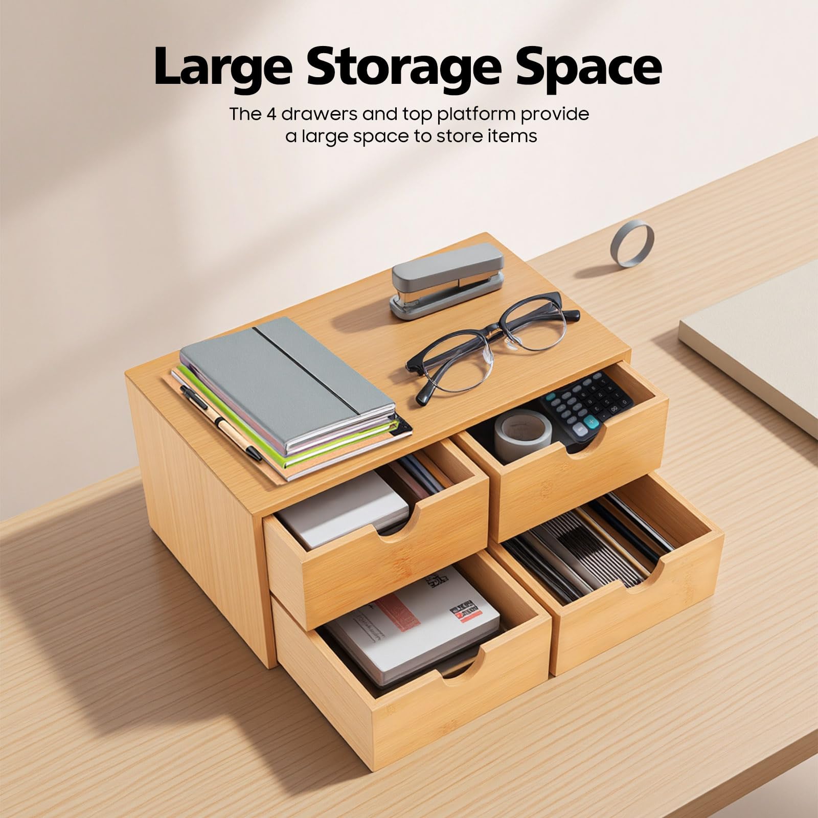 Bamboo Desk Organizer con 4 cassetti per utensili da ufficio, in bambù, 33 x 19 x 16 cm, per riporre articoli di cancelleria, documenti, cosmetici