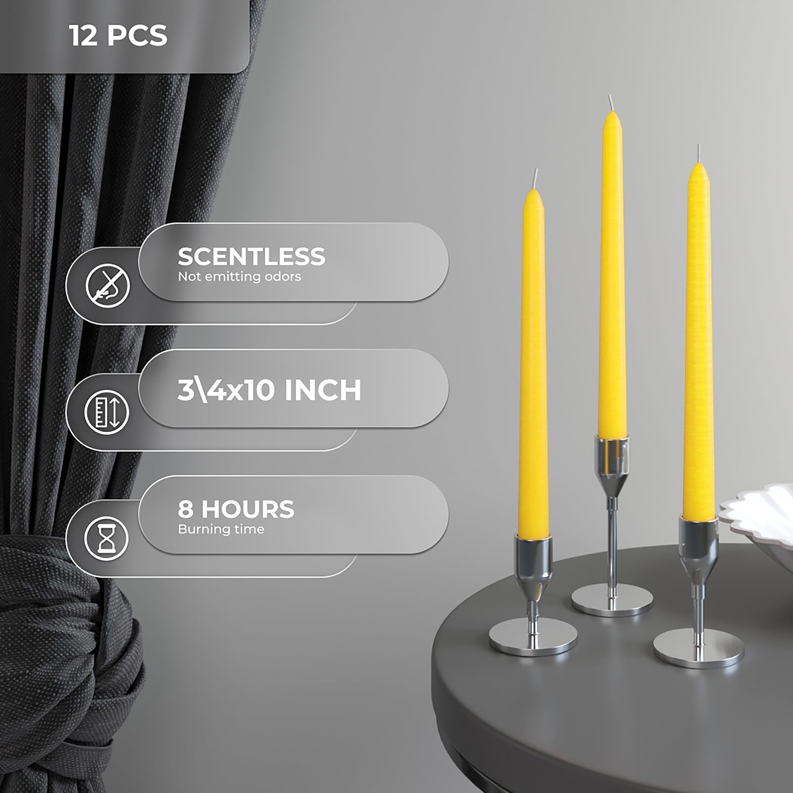 CANDWAX 10 inch Taper Candles - Set of 12 - Dripless Tapered Candlesticks - Perfect for Dinner or Home Décor Yellow Candles - Image 3