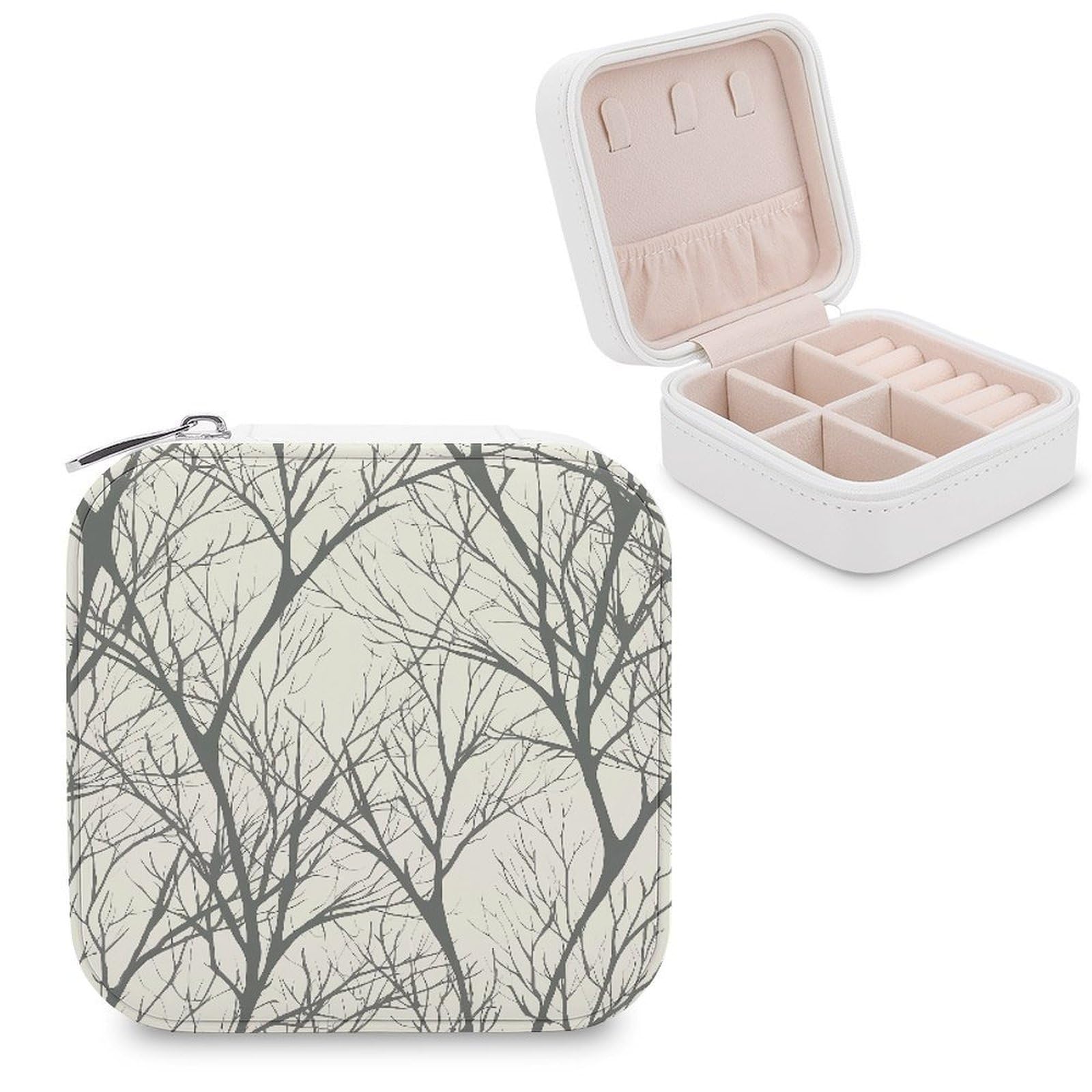 VstaDank Tree Branch Travel Jewelry Case Zipper Portable Small Jewelry Box Custom Pu Leather Mini Traveling Jewelry Organizer for Rings Earrings Necklace Bracelet Girls Women