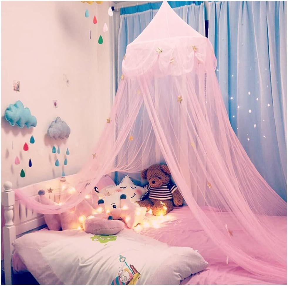 Mosquito Net Canopy Bed Curtains Dome Princess Stars Bed Reading Tent for Girls Kids Single Twin Full Queen Size Bed, Room Decor(Pink)