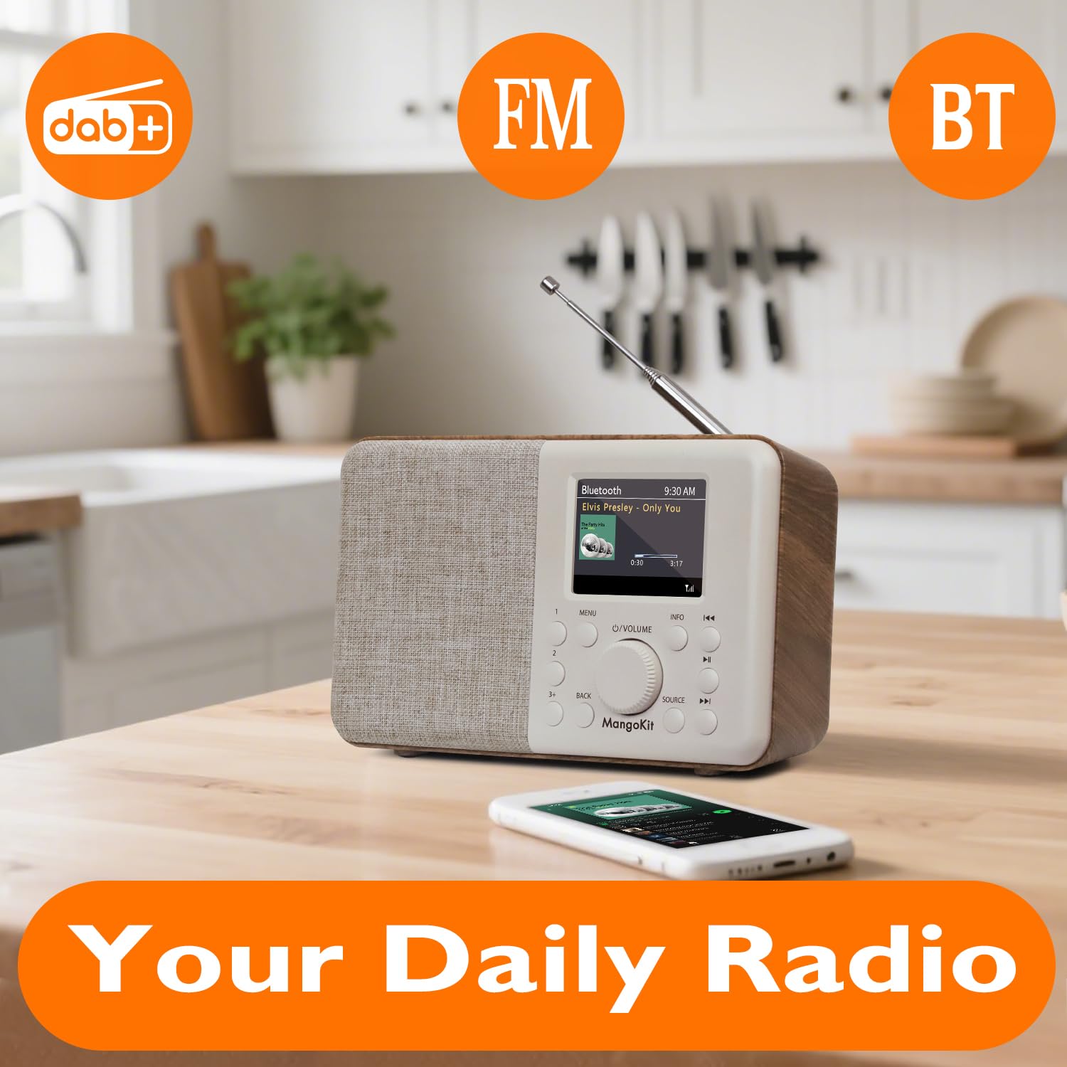 MD3 DAB/DAB+ Digitalradio mit 2.4'' Farbdisplay,UKW Radio,Dab Radio mit Bluetooth 5.3, Tragbarer Radiowecker mit 40 Speicherplätzen,Dual Wecker,Netz-oder Batteriebetrieb (Helles Walnussholz)