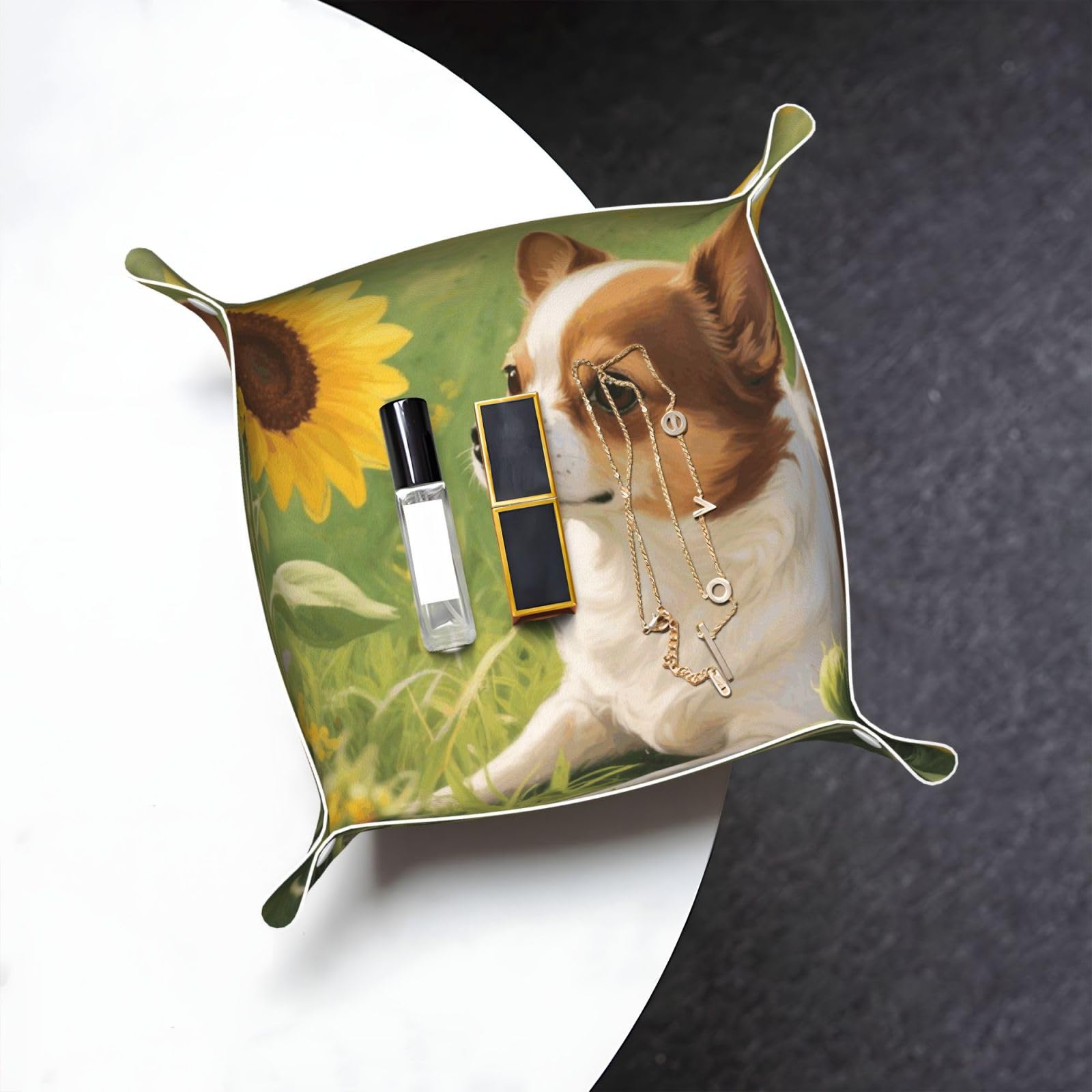 Chihuahua Dog Sunflowers Valet Tray Organizer Pu Leather Travel Catchall Tray Organizer Portable Jewelry Tray Storage Keys Tray for Entryway Table Coins Watches Candy