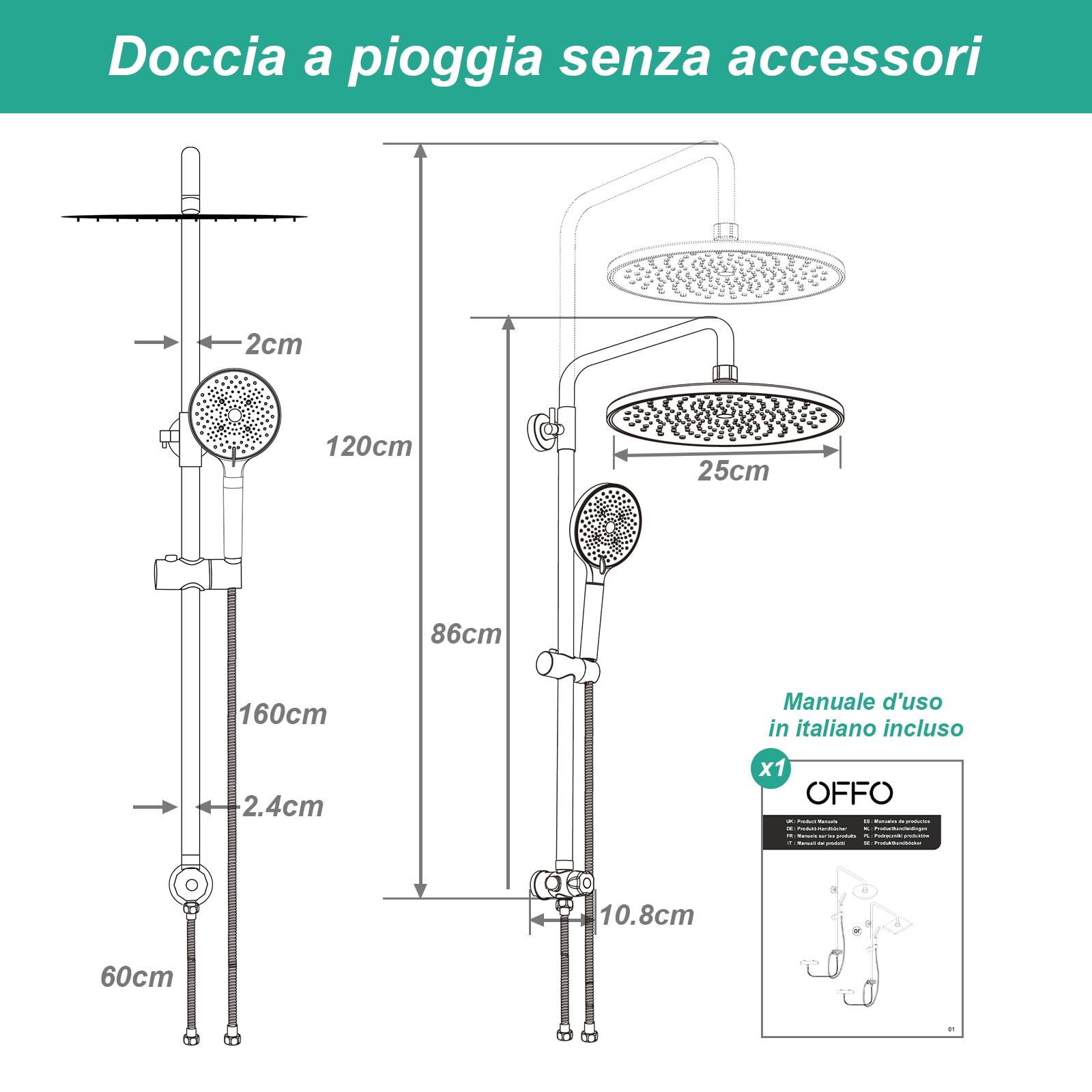 OFFO Colonna Doccia Senza Miscelatore, Asta Doccia Saliscendi con Soffione Rotonda 25x25cm e Doccetta 3 Getti, Asta Doccia Regolabile in Altezza 86-120cm, Tubo Acciaio Inox Antitorsione 1.6m, Cromo