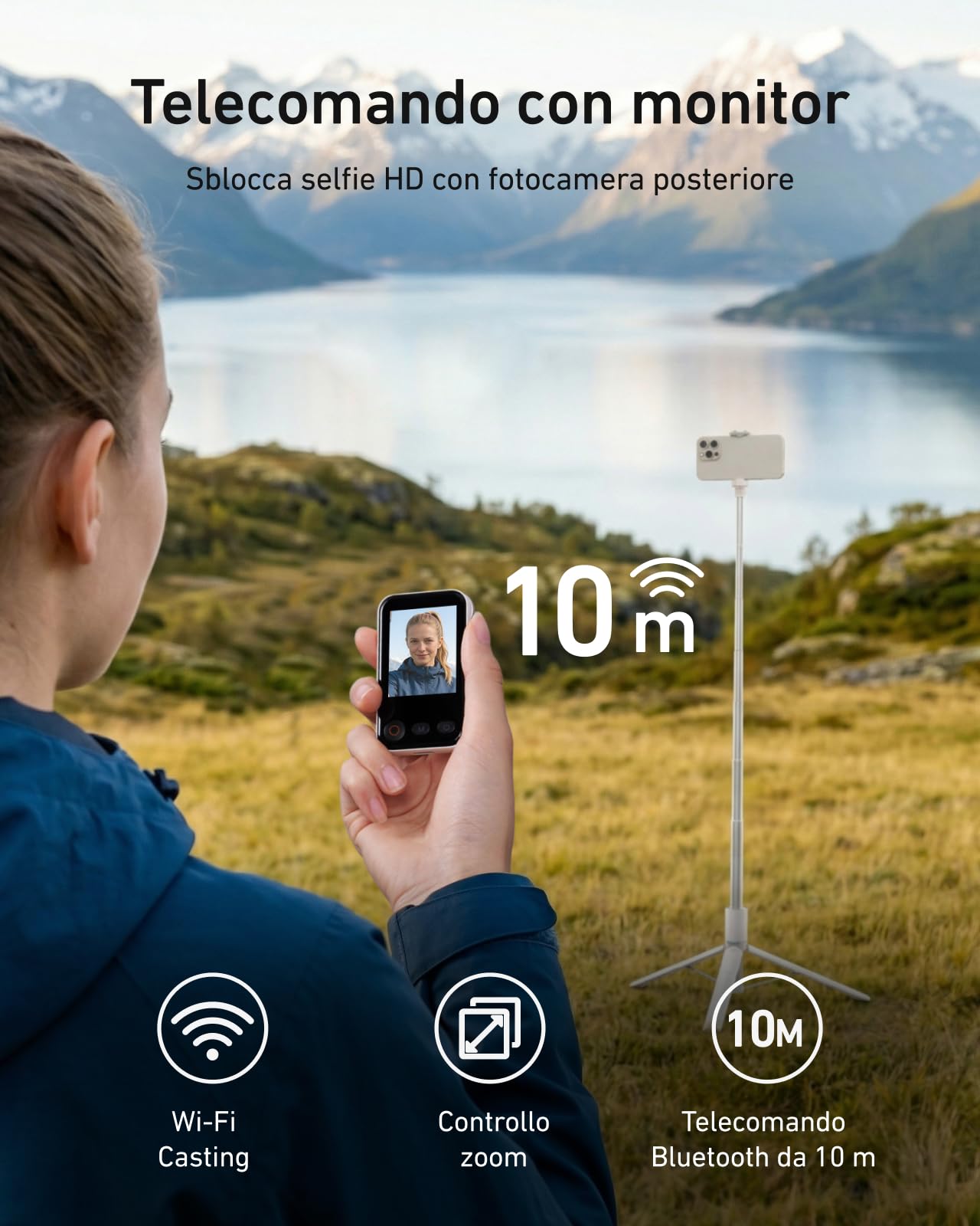 TELESIN 170cm Treppiede ad Apertura Automatica in 0,1s Per iPhone/Android | Telecomando con Display Zoom/Focus e Mirroring, Supporto per Viaggi, Vlog, Makeup e Live
