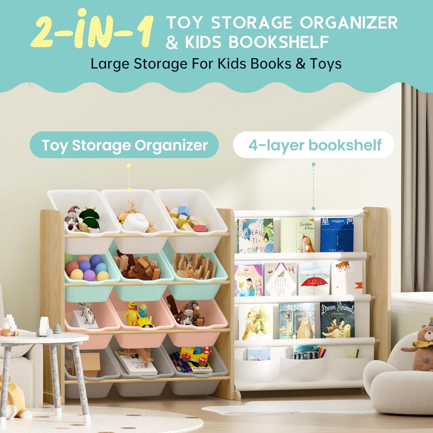 Kids Toy Storage Organizer with Bookshelf - 12 Multi-Color Bins and 4 Book Shelves, Organizers and Storage for Playroom, Nursery, Room, Burlywood - Image 7