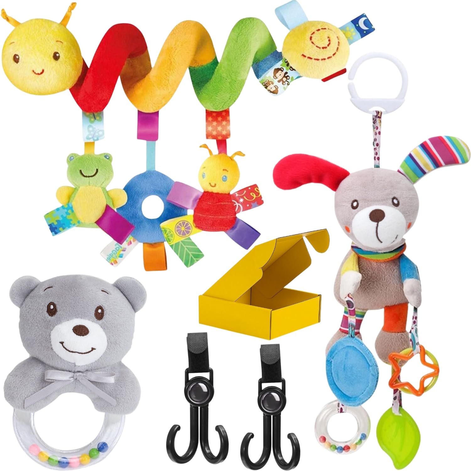 4 PCS Juguetes Carro Bebé: Espiral, Peluche Colgante, Sonajero Blandito y Ganchos Colgantes - Accesorios Carrito Para Actividades en Coche y Silla Paseo