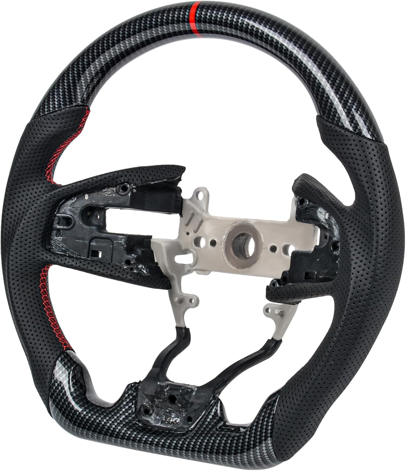 Carbon Fiber Style Steering Wheel for Honda Civic 10th Gen 2016-2021 (US Spec Only), Round Top & Flat Bottom Sport Design, Perforated Black Leather, Red Stitching & Stripe, Fits FK8 FC FK Si Type R