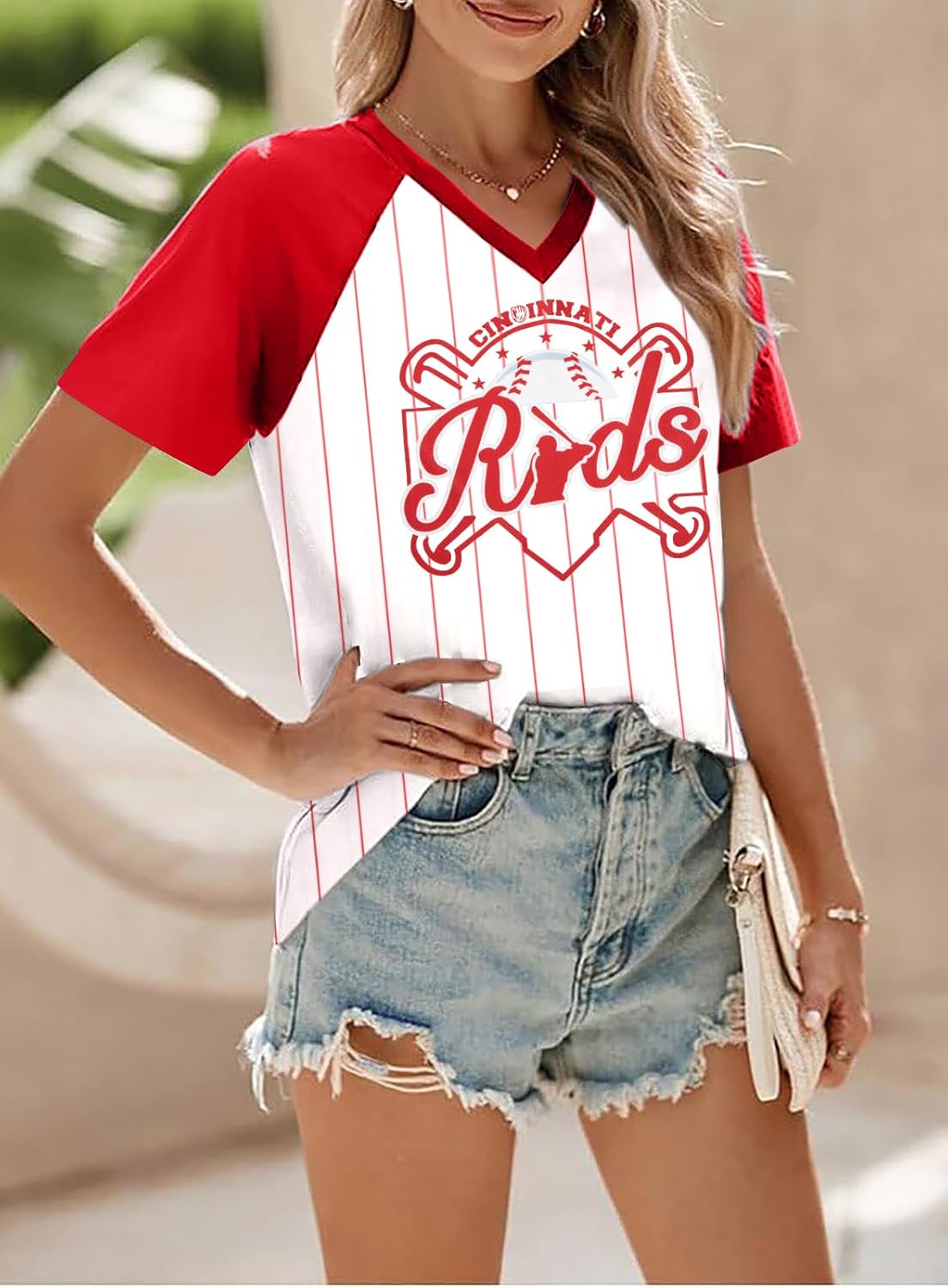 Baseball Jersey Women Baseball Mom Shirts Game Day Tshirt Baseball Fan Gift Tee Lightweight Breathable Striped V Neck Top - Image 4