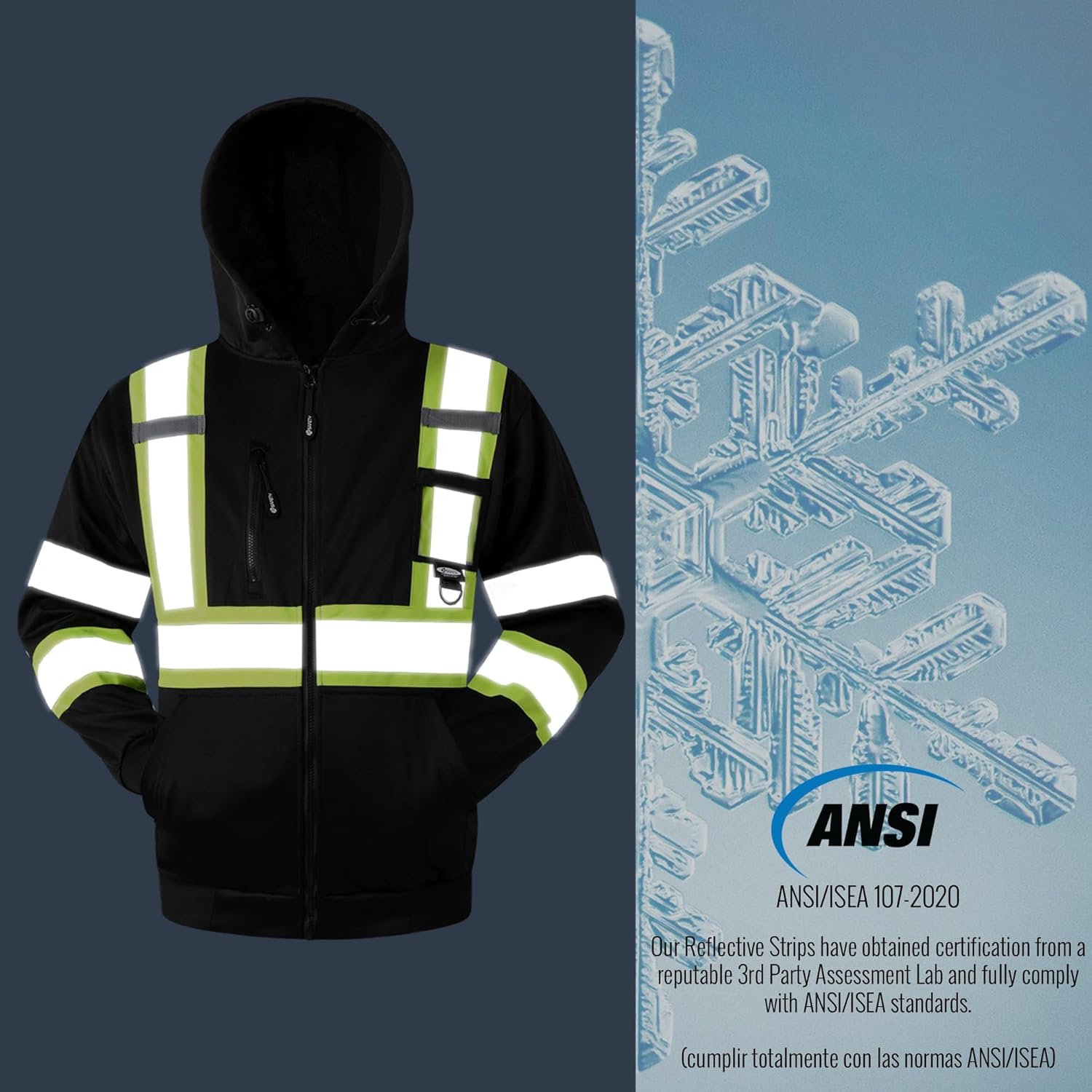 JKSafety Hi Vis Hoodie for Men Women High Visibility Reflective Sweatshirt with Zipper Meet ANSI Standard(SS260) - Image 2