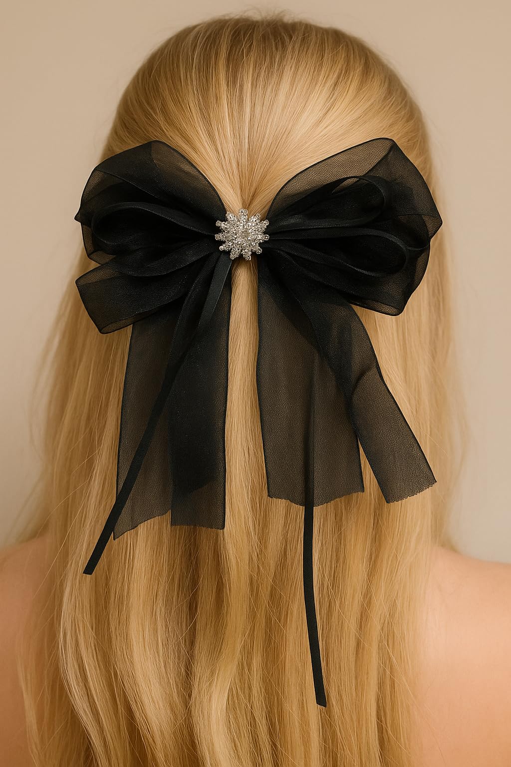 Siyah Şifon Çiçek Saç Tokası, Kristal Taşlı Broşlu, Büyük Boy Fiyonk