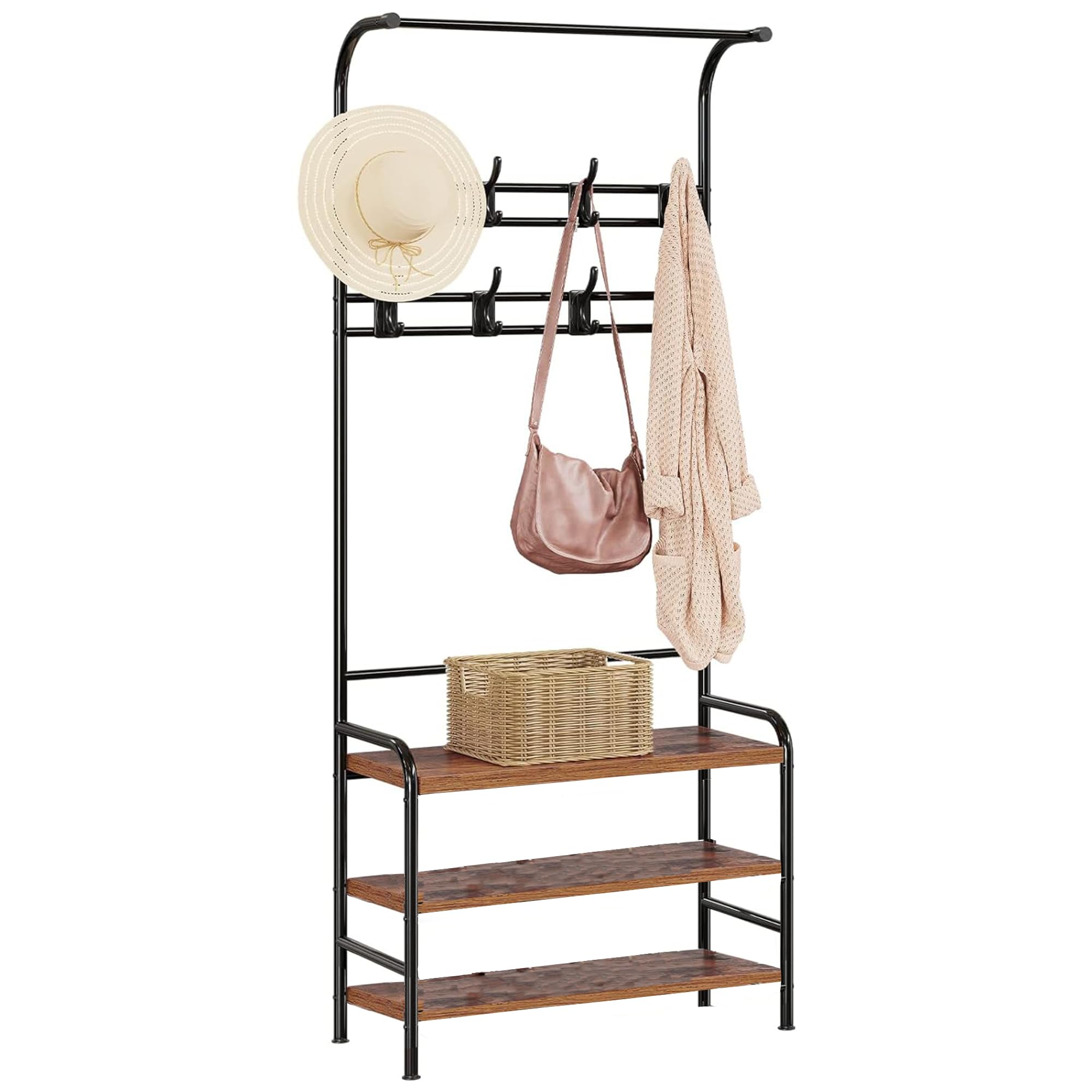 Coat Rack Shoe Bench, 9 Hooks Hall Tree Entryway Coat Shoe Rack 3-Tier Shoe Bench, 3 in 1 Design Wood Look Accent Furniture with Stable Metal Frame Easy Assembly