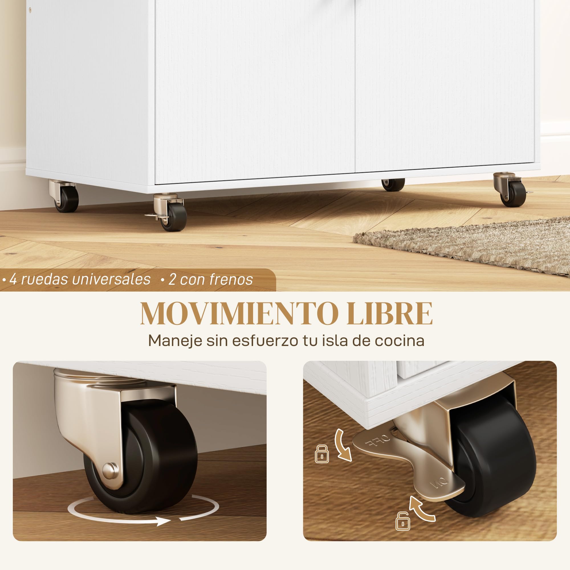 HOMCOM Isla de Cocina con ala Abatible Carrito de Cocina Mueble Auxiliar de Cocina con Ruedas 2 Puertas Cajón Especiero Toallero y Estante Ajustable 106x42x87 cm Blanco y Roble