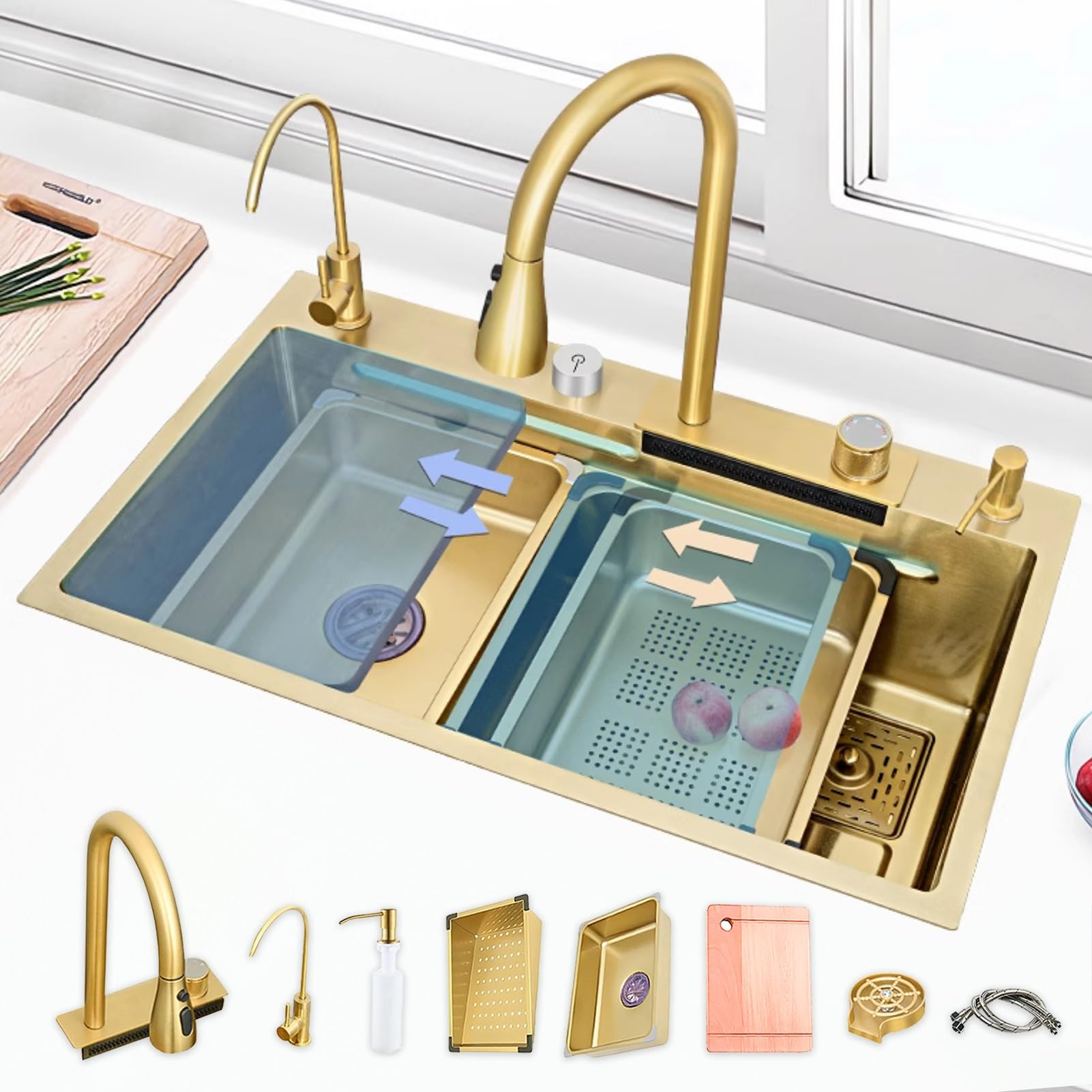 YADZISW 80cm Stainless Steel Kitchen Sink with Waterfall Faucet Nano Coated Topmount Single Bowl Deep Multi Purpose Workstation Digital Display Gold Finish