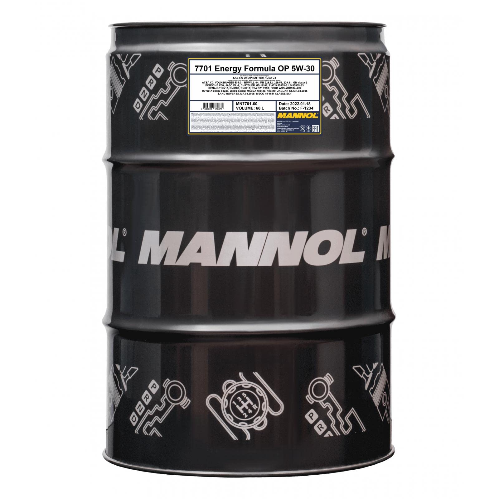 MANNOL Aceite de motor 5W-30 Energy ACEA C2 ACEA C3 API SP Formula OP 60L Compatible con VW Polo V Hatchback 6R1, 6C1 Golf 7 Hatchback 5G1, BQ1, BE1, BE2, PEUGEOT 208 I Hatchback CA, CC, TOYOTA, OPEL