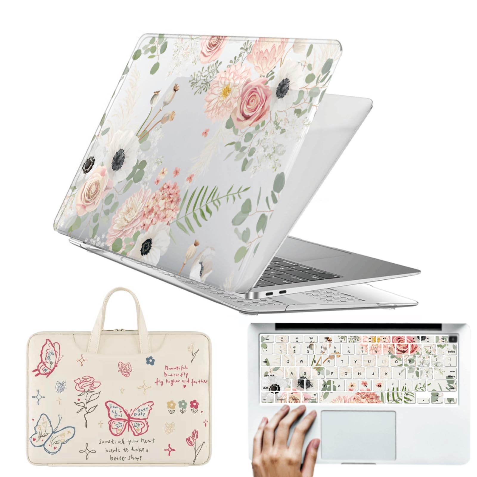 Funda protectora Mac Air 13.3 A1466 carcasa rígida transparente flores y cubierta teclado 8