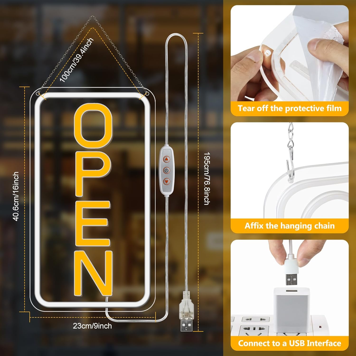 Open Signs for Business, 16''×9'' Bright High Visibility Open Sign LED Powered by USB with ON/OFF Switch, Adjustable Brightness COB Open Signs for Bar Shop Coffee Salon Hotel Wall Window Storefront (Vertical) - Image 5