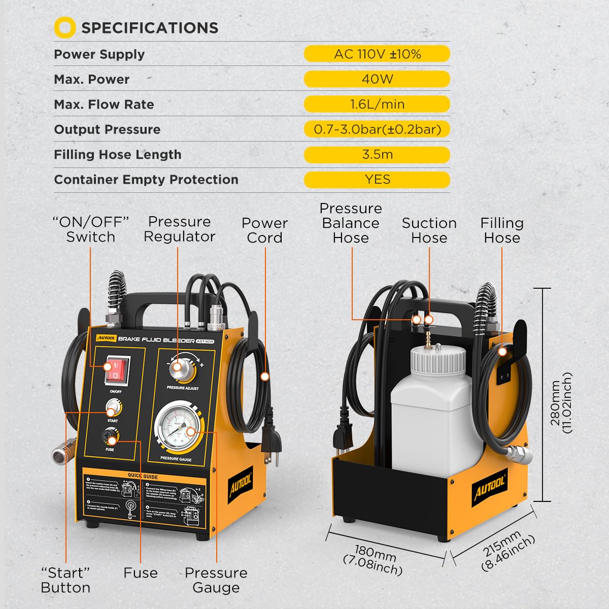 AUTOOL AST605 220V Purgador de Frenos para automóviles, intercambiador de Aceite de Frenos para automóviles con Control de presión/Presión Ajustable (8.7~43.5 PSI) para Todos los vehículos