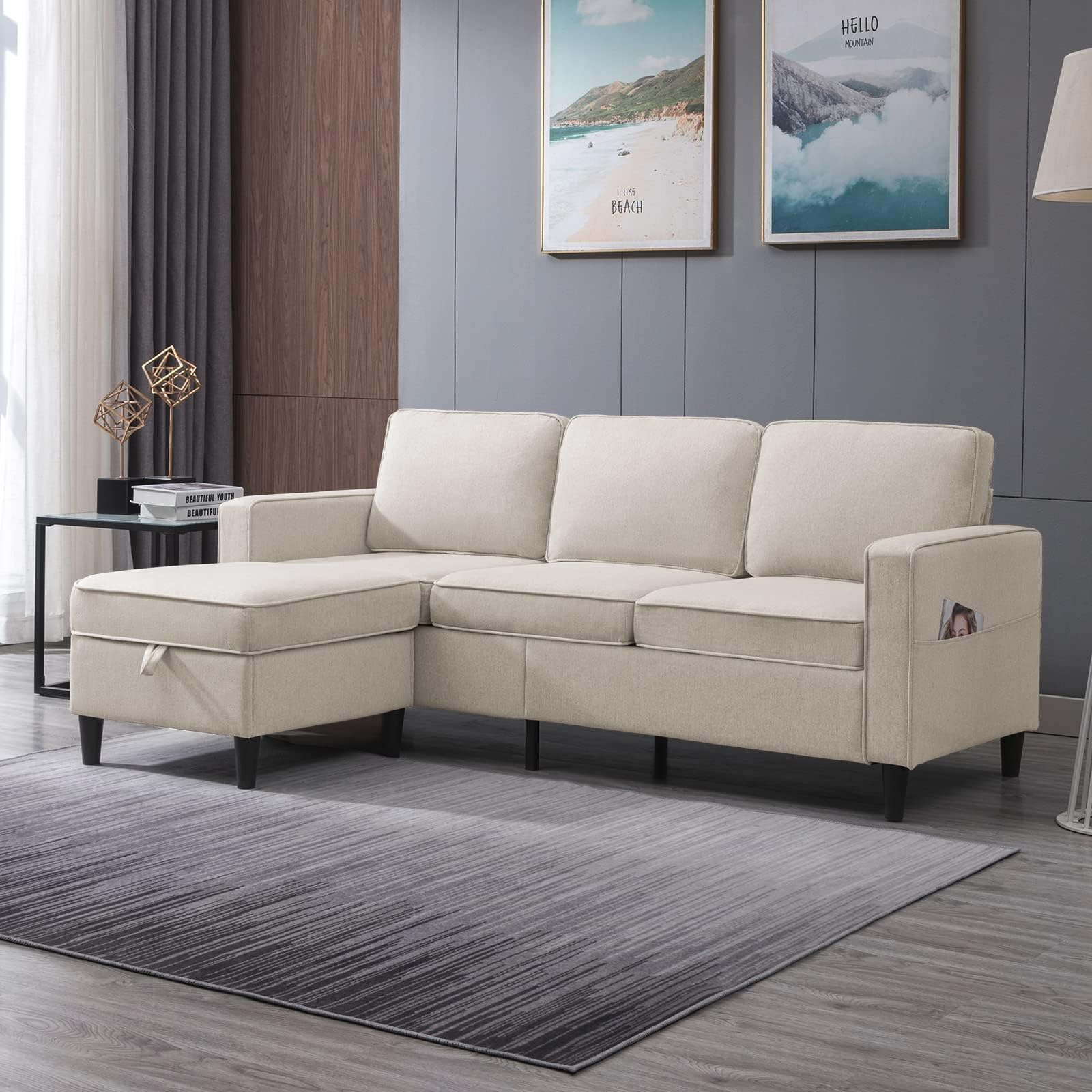 Sectional Sofa with Storage Ottoman for Living Room, Sectional Couches and Ottoman Sets, Living Room Furniture Set,3-Seat Sofa + Ottoman,Begie
