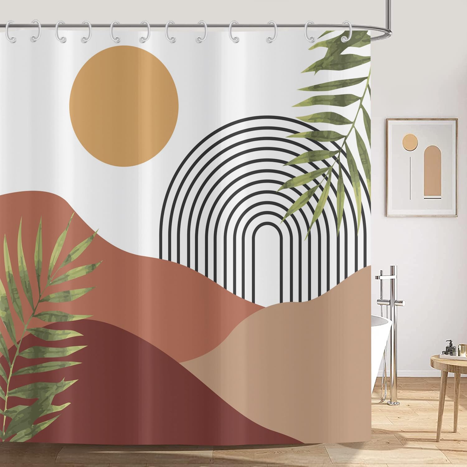 ASDCXZ Shower Curtain Boho Style 180x200 cm, Modern Abstract Art Green Leaves Sun Lace Lines Bath Washable Shower Curtains Polyester Textile Waterproof Shower Curtain for Bathtub with 12 Hooks — image 1