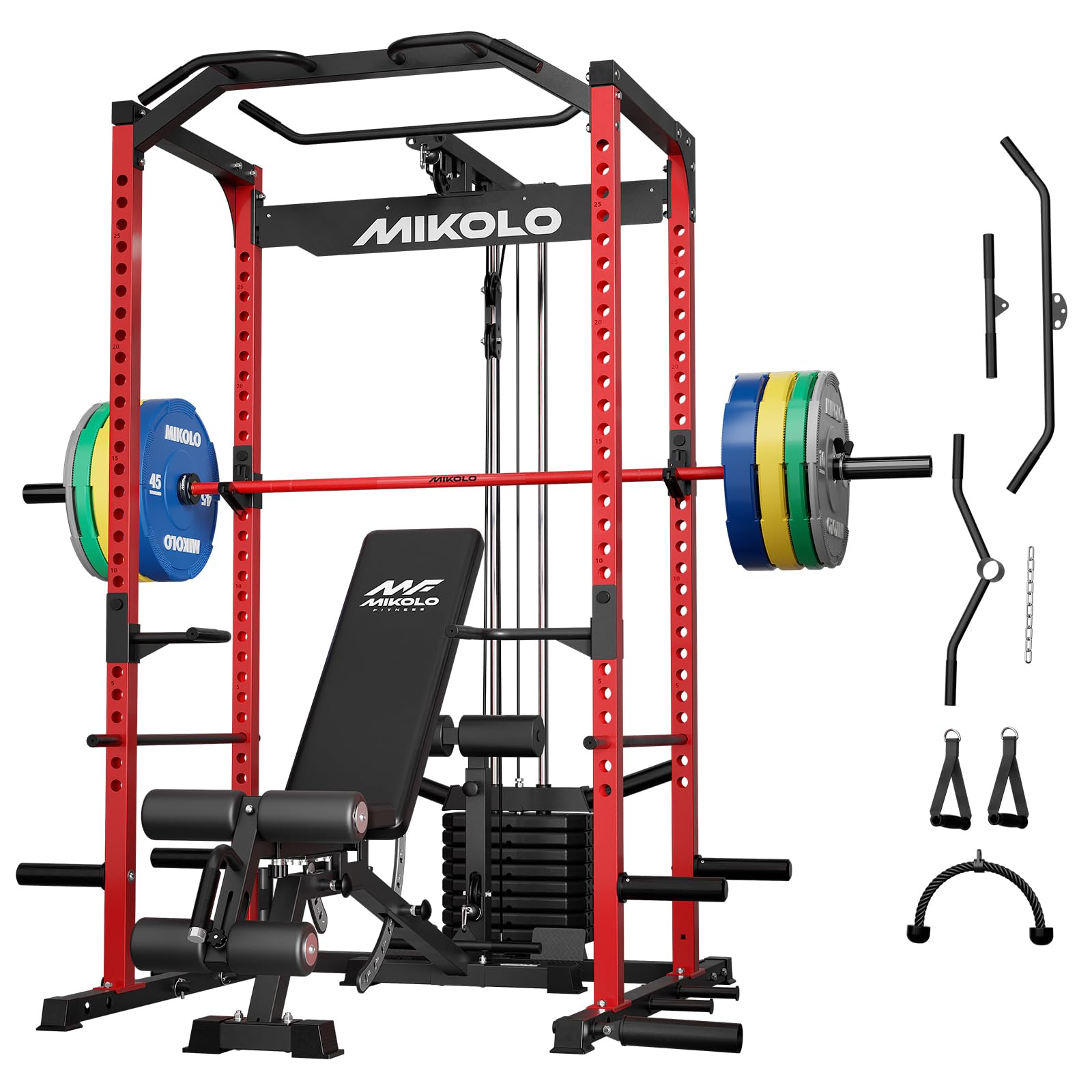 Mikolo F4-2.0 Elite Power Cage with Weight Stack &amp; Dual-Track Smooth Pulley System for Home Gym, 1200LBS Squat Rack with Leg Hold-Down for Heavy LAT Pulldowns (Red with Bench＆Bar＆230LB CP)