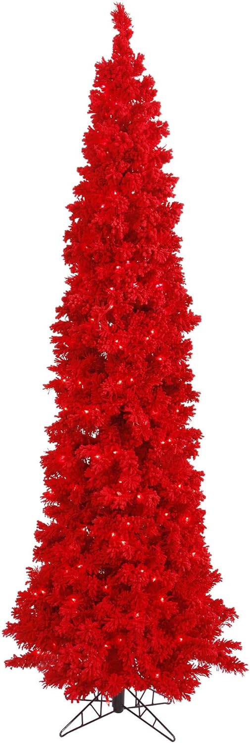 Vickerman 7.5' Flocked Red Pencil Fir Artificial Christmas Tree, Red Dura-lit LED Lights - Snow Covered Faux Tree - Seasonal Home Decor - Maintenance Free