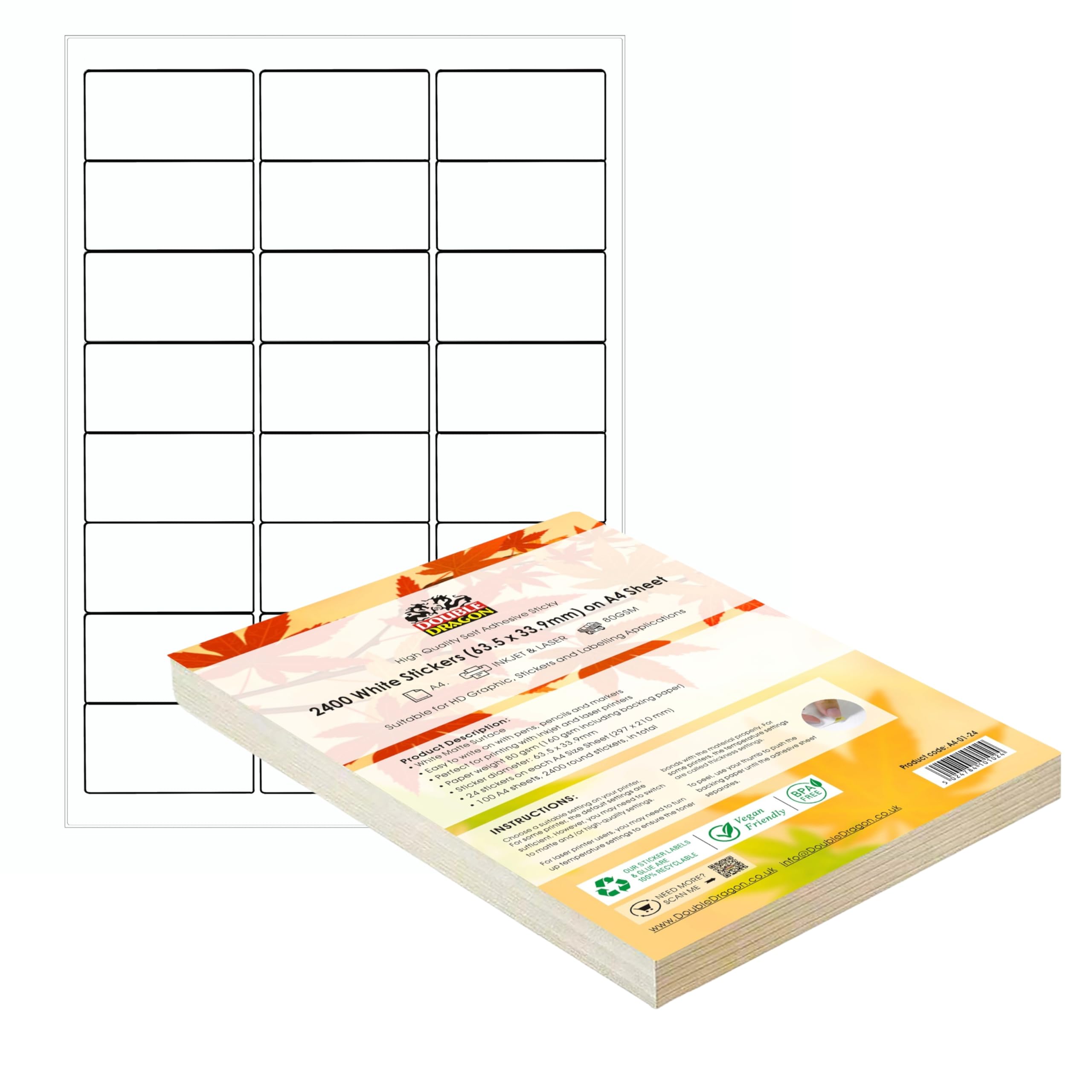 Double Dragon, 100 Sheets Pack A4 Self Adhesive Address Labels Sticker Paper, 24 Labels Per Sheet, 63.5 x 33.9mm (2400 Labels)