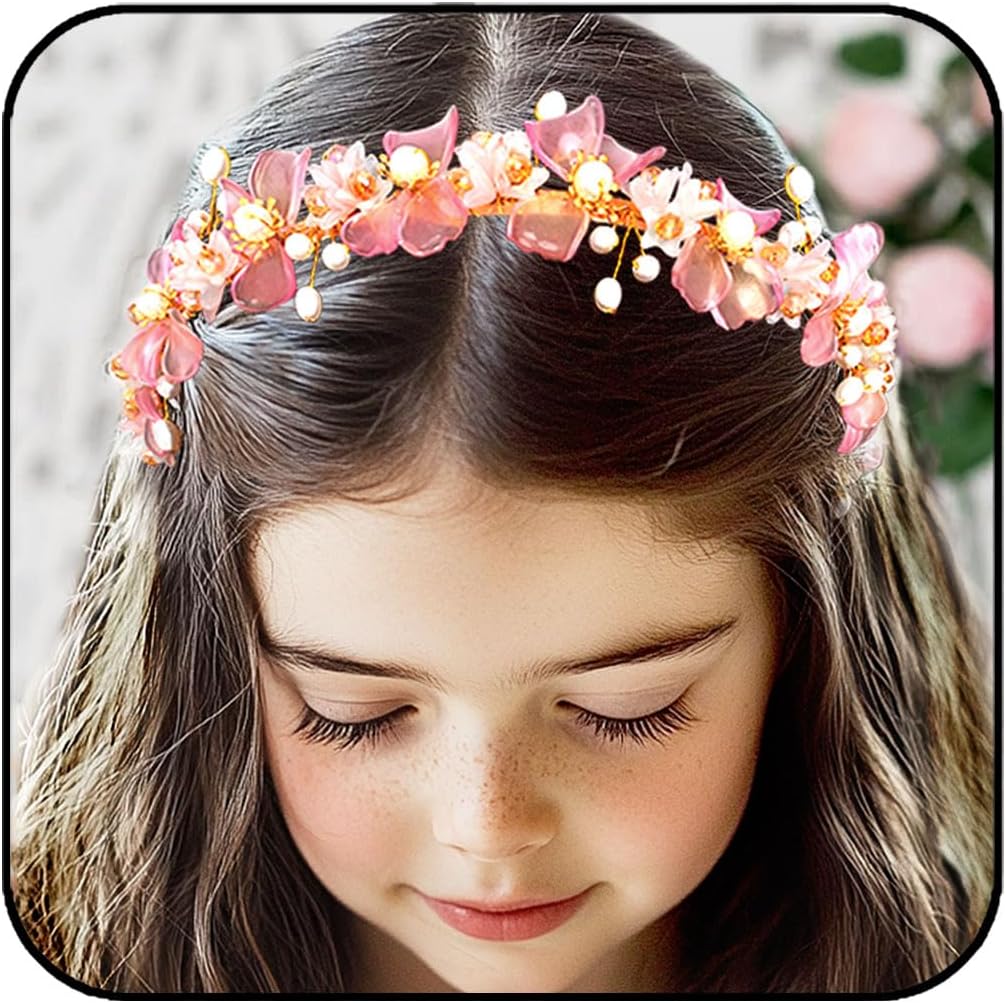 Formery ピンクフラワーガールヘッドバンド ゴールドパール 花柄