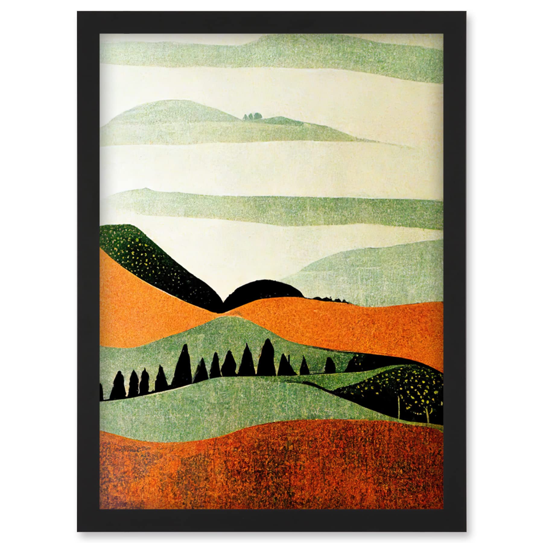 Doppelganger33 LTD Abstract Eclectic Tangerine And Olive Nature Landscape Linocut Minimalism Drawing Artwork Framed Wall Art Print A4