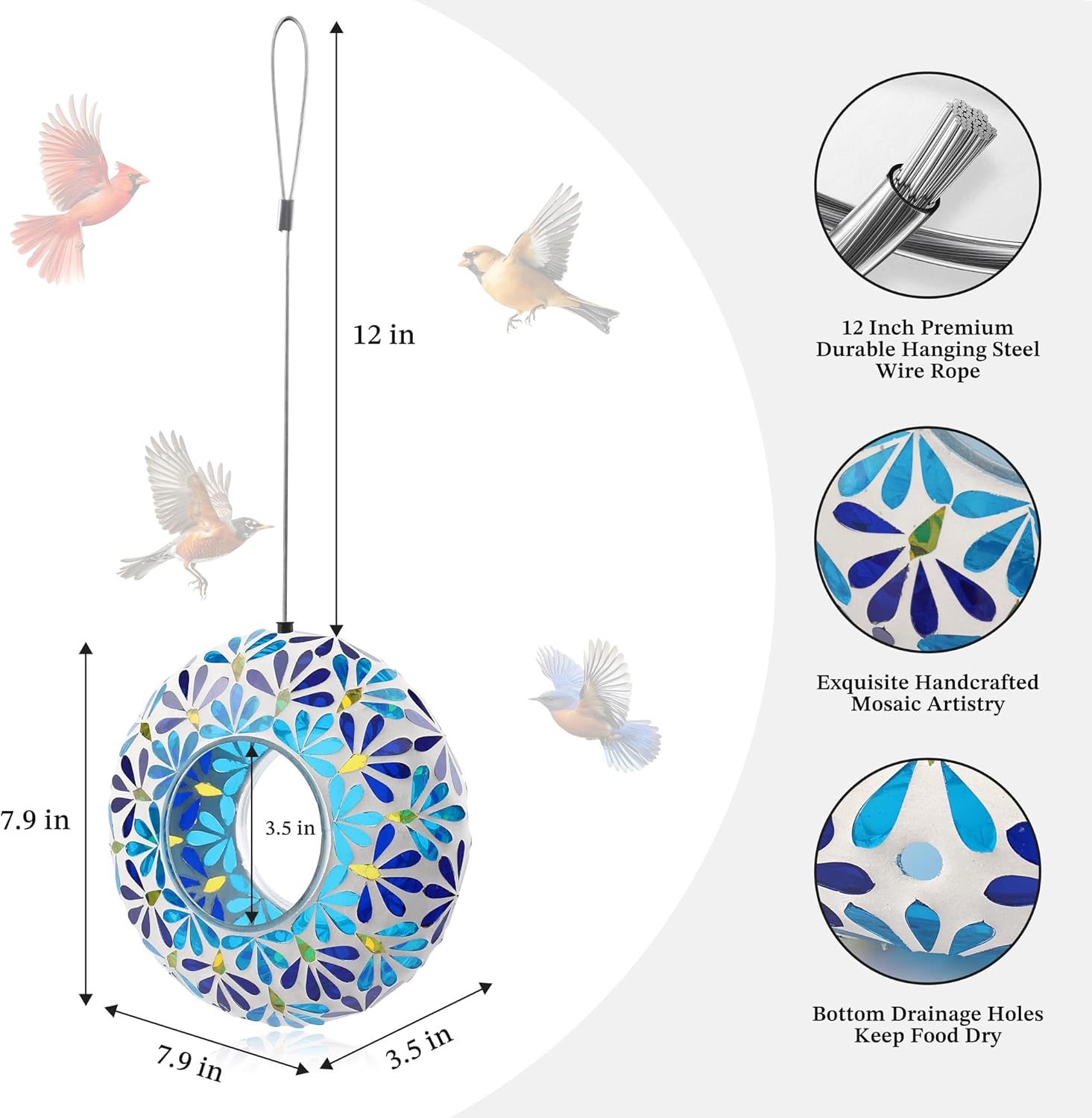 SAVENNA Mosaic Glass Hanging Bird Feeder, 8 Inch Handcrafted Outdoor Feeder with Steel Wire Rope, Decorative Garden & Patio Feeder for Wild Birds, Blue Geometric Mosaic Design