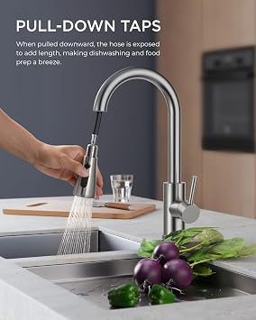 FORIOUS Kitchen Tap, Kitchen Mixer Taps with Pull Out Sprayer, Swivel Single Handle High Arc Pull Down Stainless Steel Sink Faucet