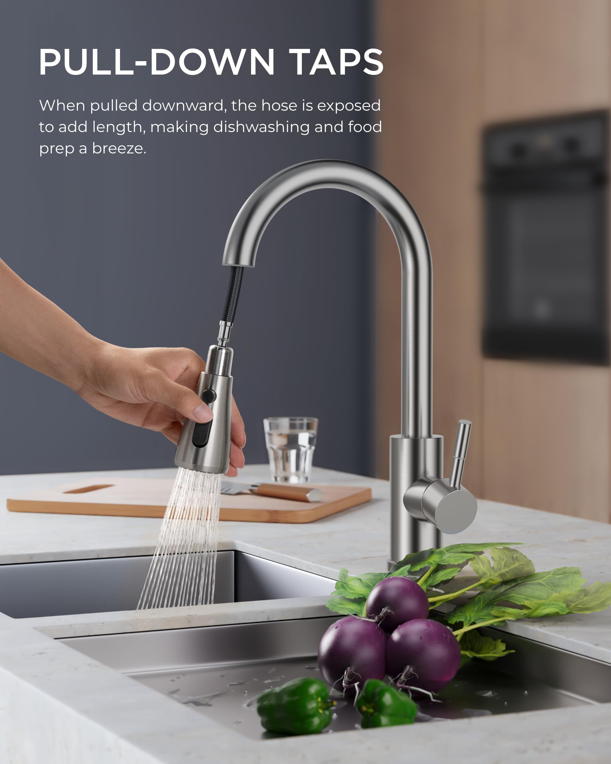 FORIOUS Kitchen Tap, Kitchen Mixer Taps with Pull Out Sprayer, Swivel Single Handle High Arc Pull Down Stainless Steel Sink Faucet - Image 2