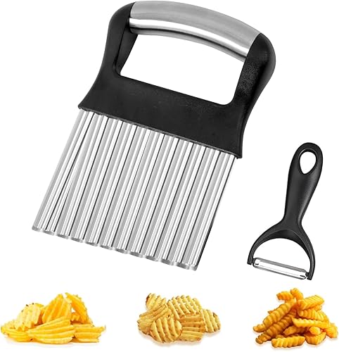 Cortador de arrugas para verduras, cortador de papas fritas de acero inoxidable para papas y pepinos, cortador de gofres ondulado grande con pelador
