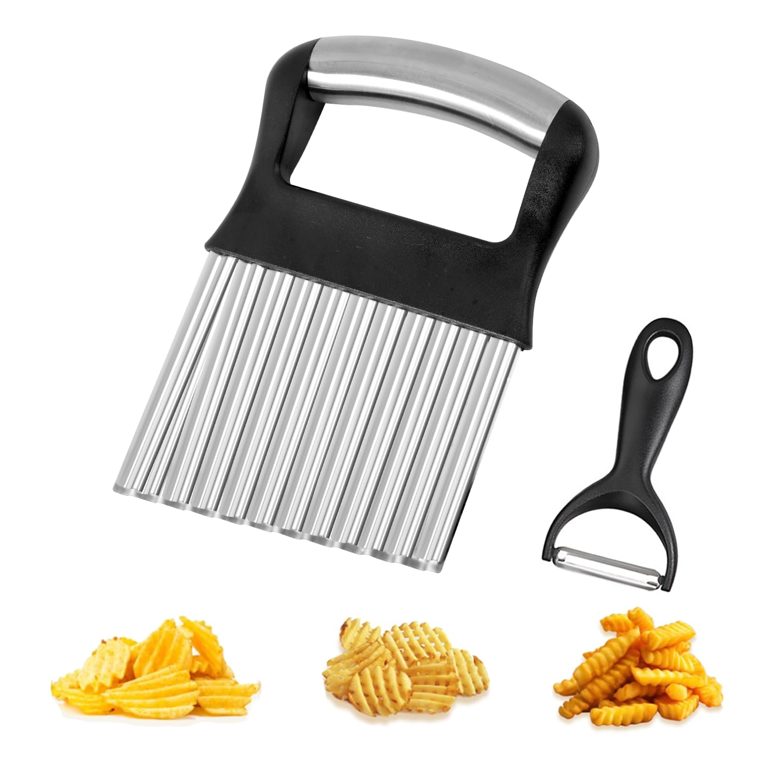 Crinkle Cutter for Veggies, Stainless Steel French Fry Cutter for Potatoes Cucumbers,Large Wavy Waffle Fry Cutter with Peeler for Vegetable Salad Carrots and Fruit Fries, Kitchen Gadget for Vegetable