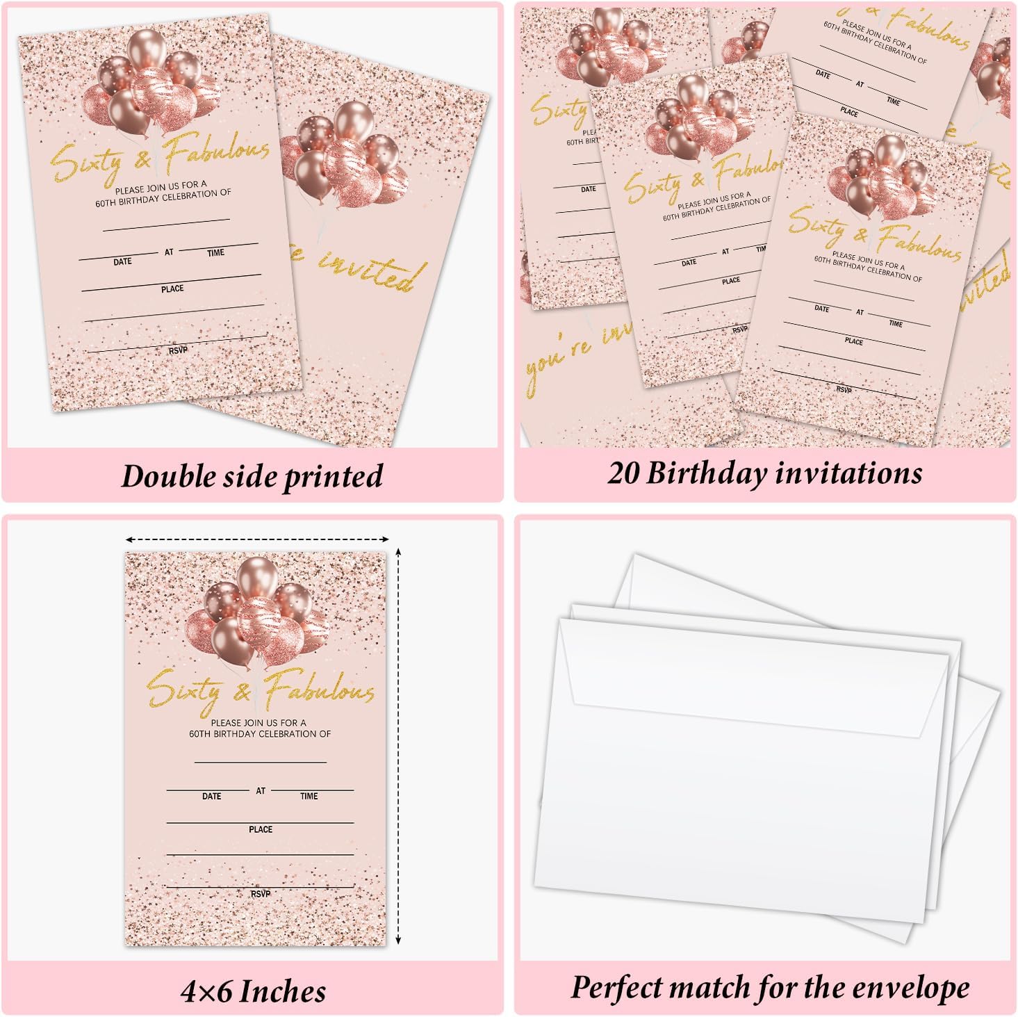 60th Birthday Party Invitations with Envelopes, Rose Gold Sixty & Fabulous Birthday Party Invites, 20 Set Birthday Party Celebration Supplies & Favors - 06